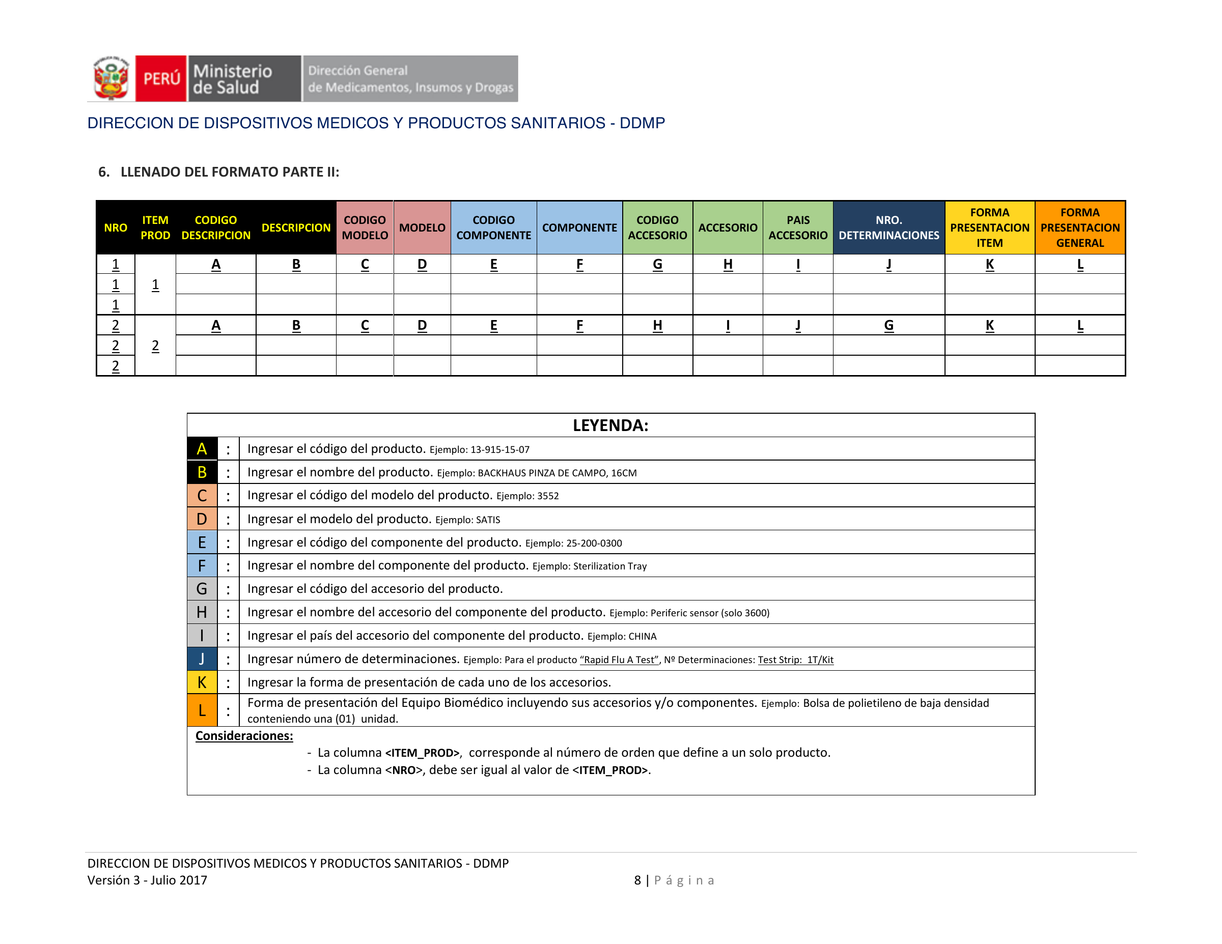 Instructivo de formato complementario — Versión3 (Julio2017) — original official PDF page 8; complete source layout retained