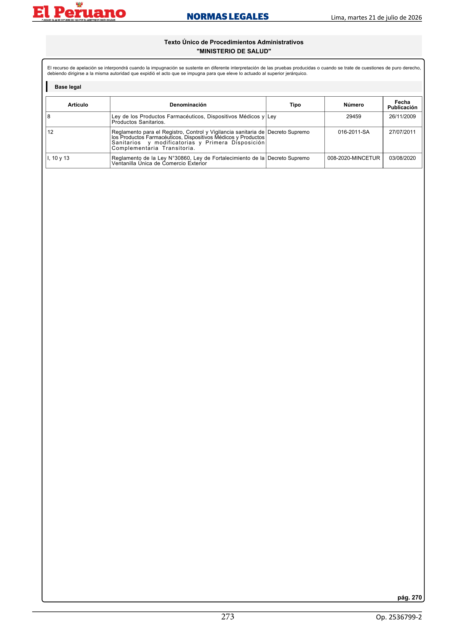 TUPA approved by D.S. 011-2026-SA, original PDF physical page 273; printed TUPA page 270