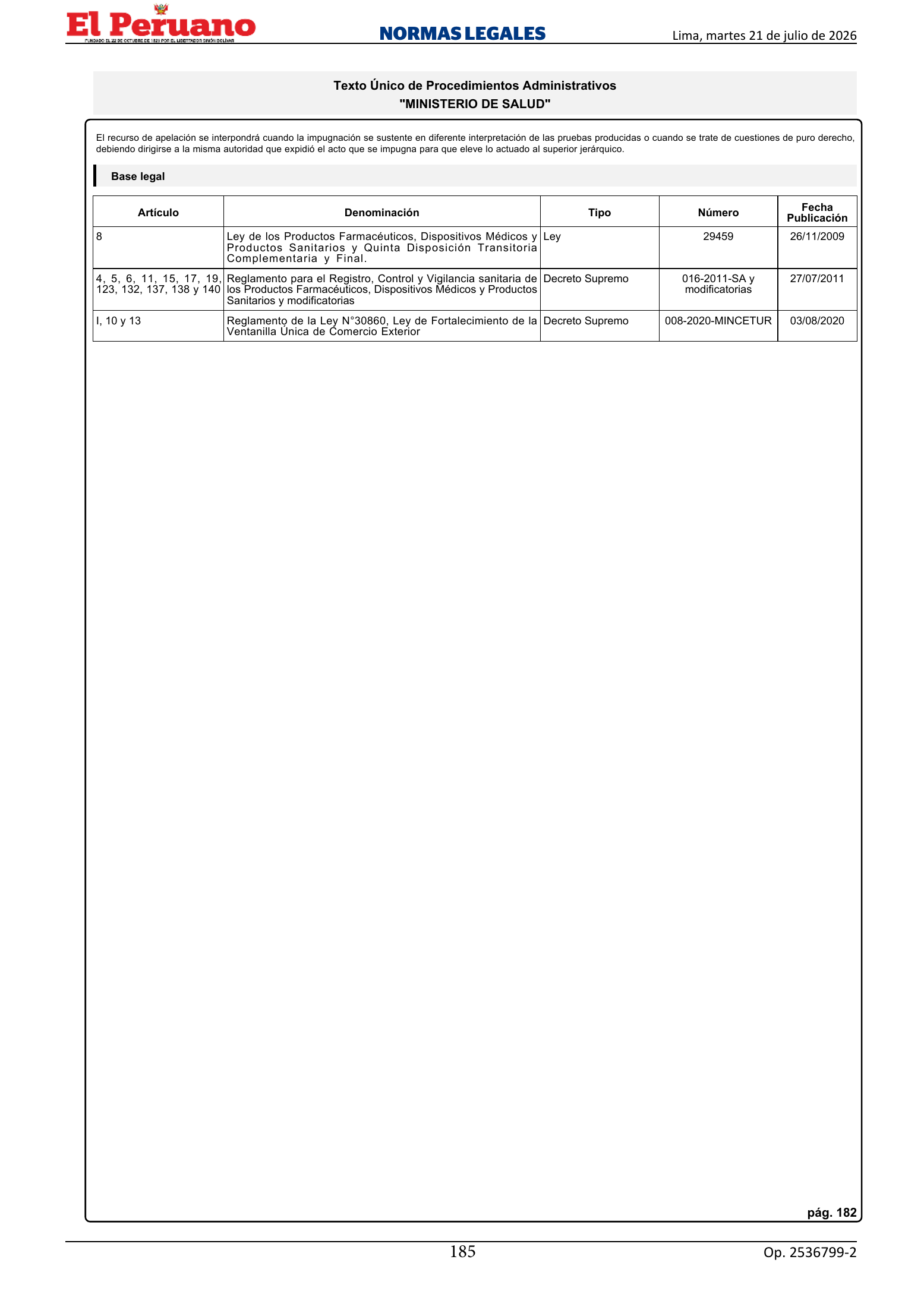 TUPA approved by D.S. 011-2026-SA, original PDF physical page 185; printed TUPA page 182
