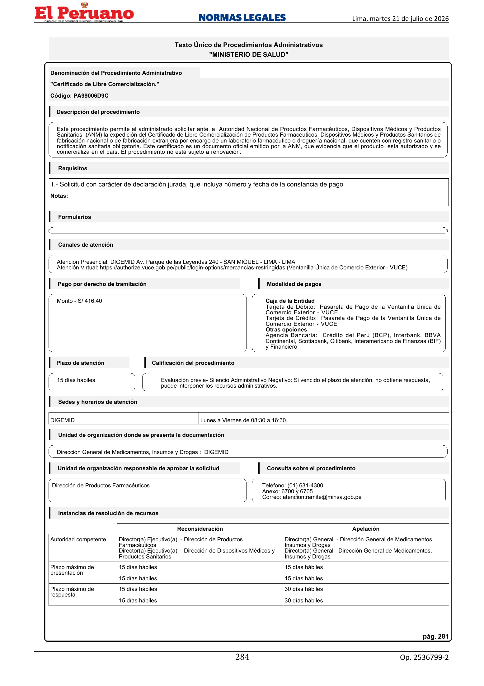 TUPA approved by D.S. 011-2026-SA, original PDF physical page 284; printed TUPA page 281