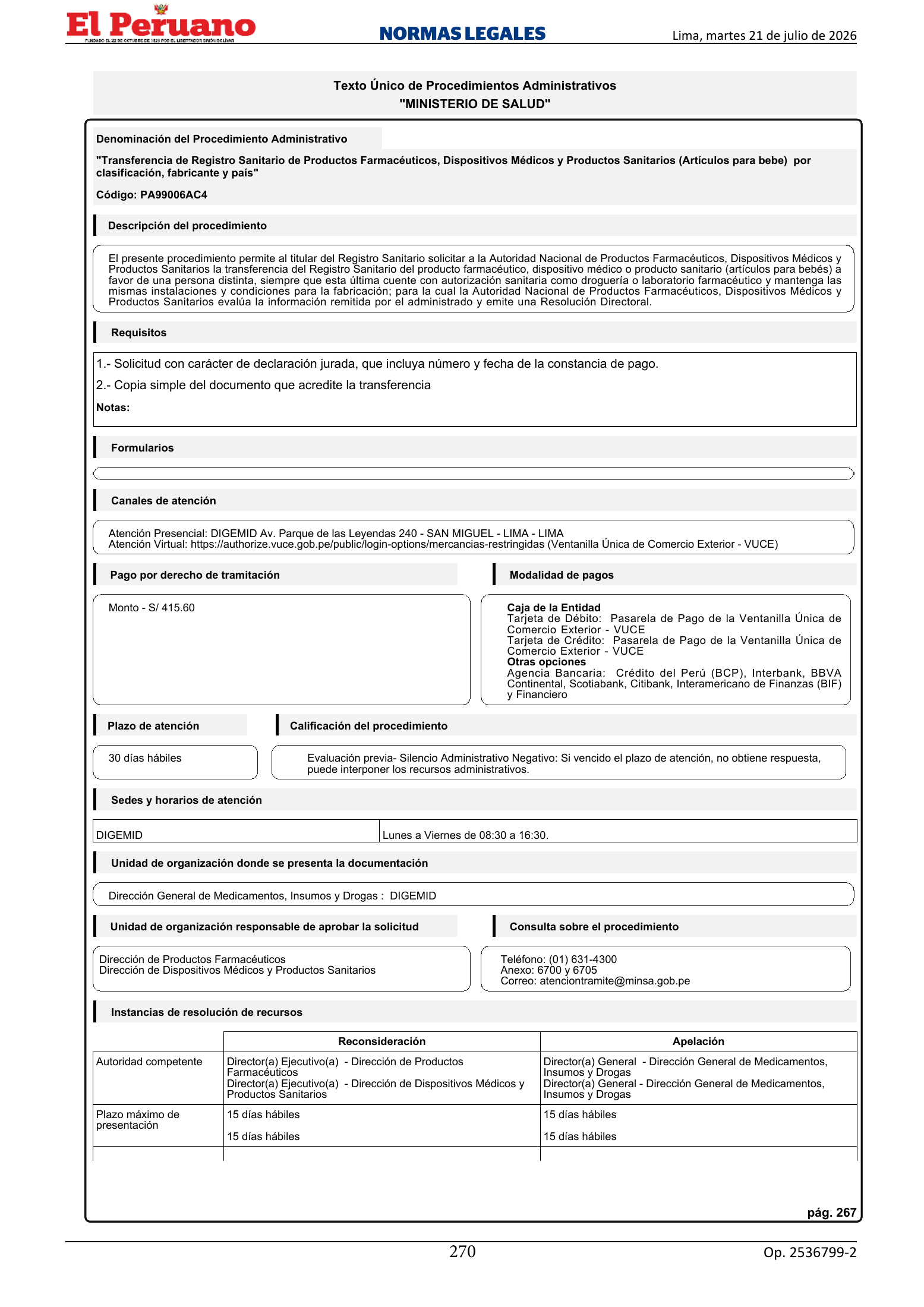 TUPA approved by D.S. 011-2026-SA, original PDF physical page 270; printed TUPA page 267