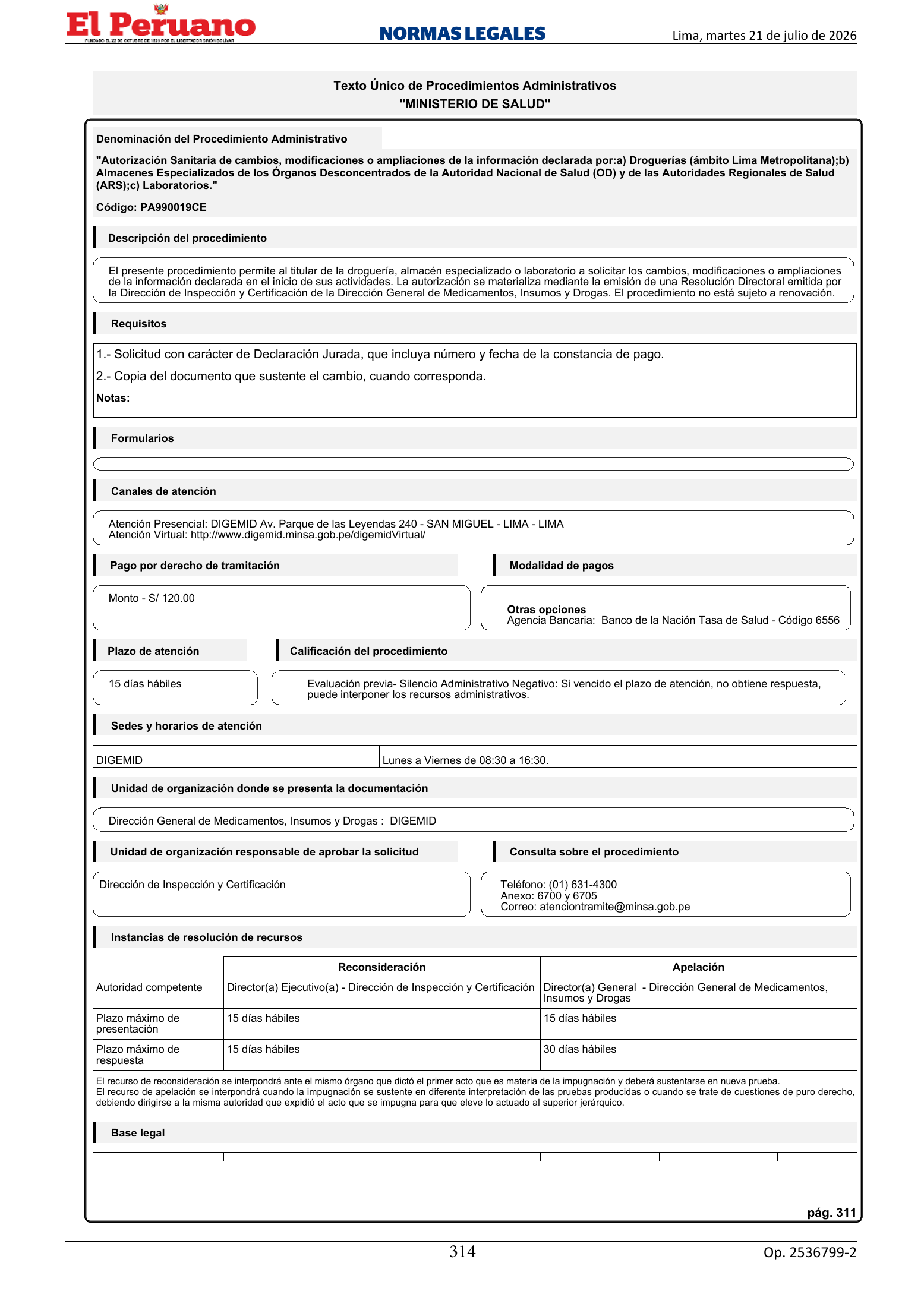 TUPA approved by D.S. 011-2026-SA, original PDF physical page 314; printed TUPA page 311