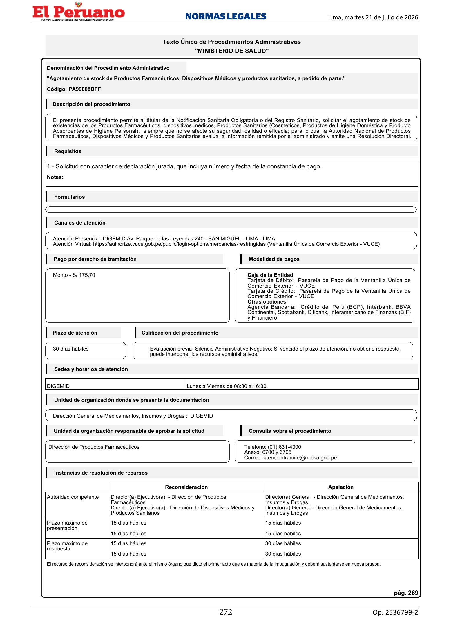 TUPA approved by D.S. 011-2026-SA, original PDF physical page 272; printed TUPA page 269
