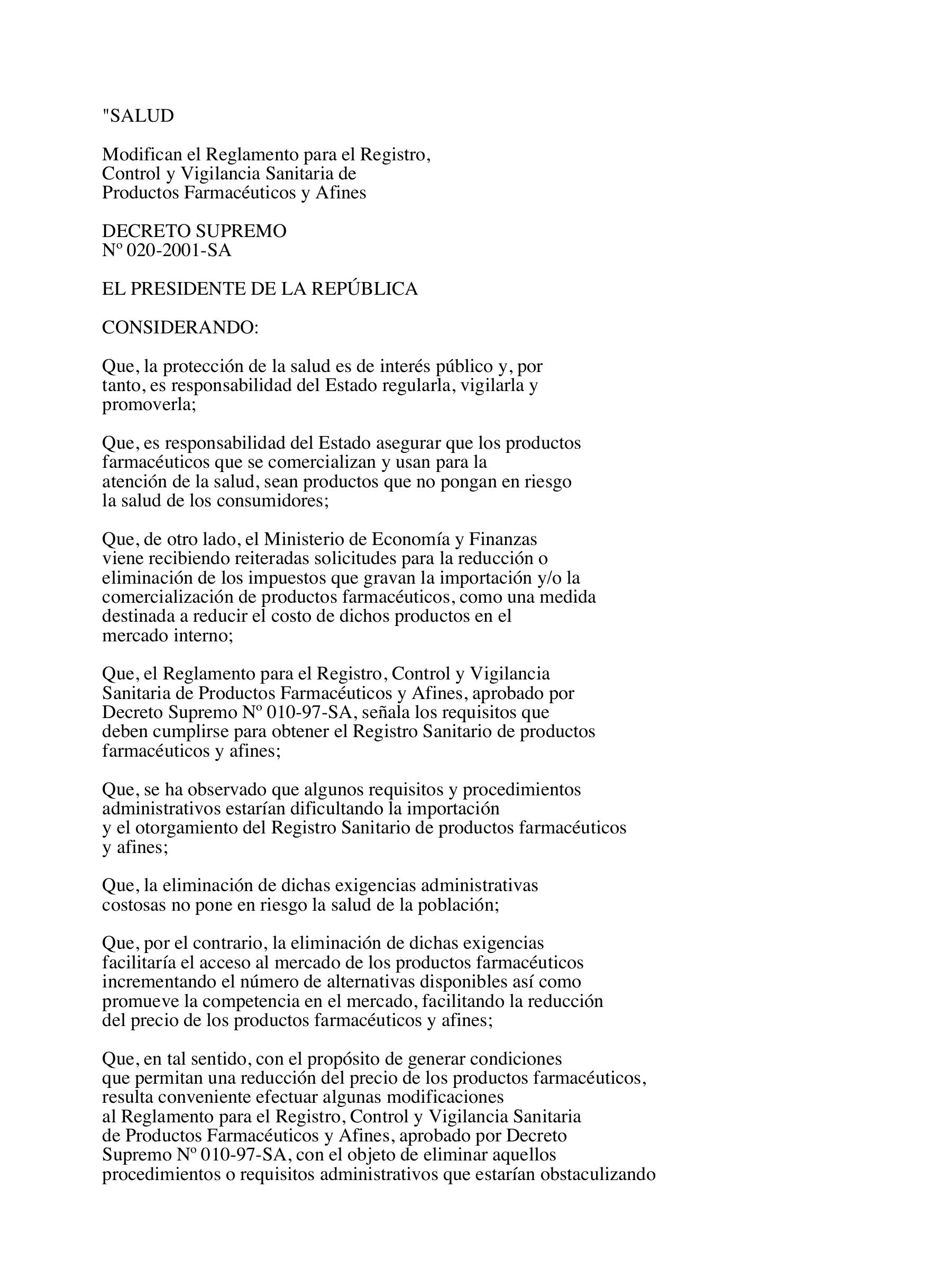 D.S. 020-2001-SA — original official PDF page 1; complete source layout retained