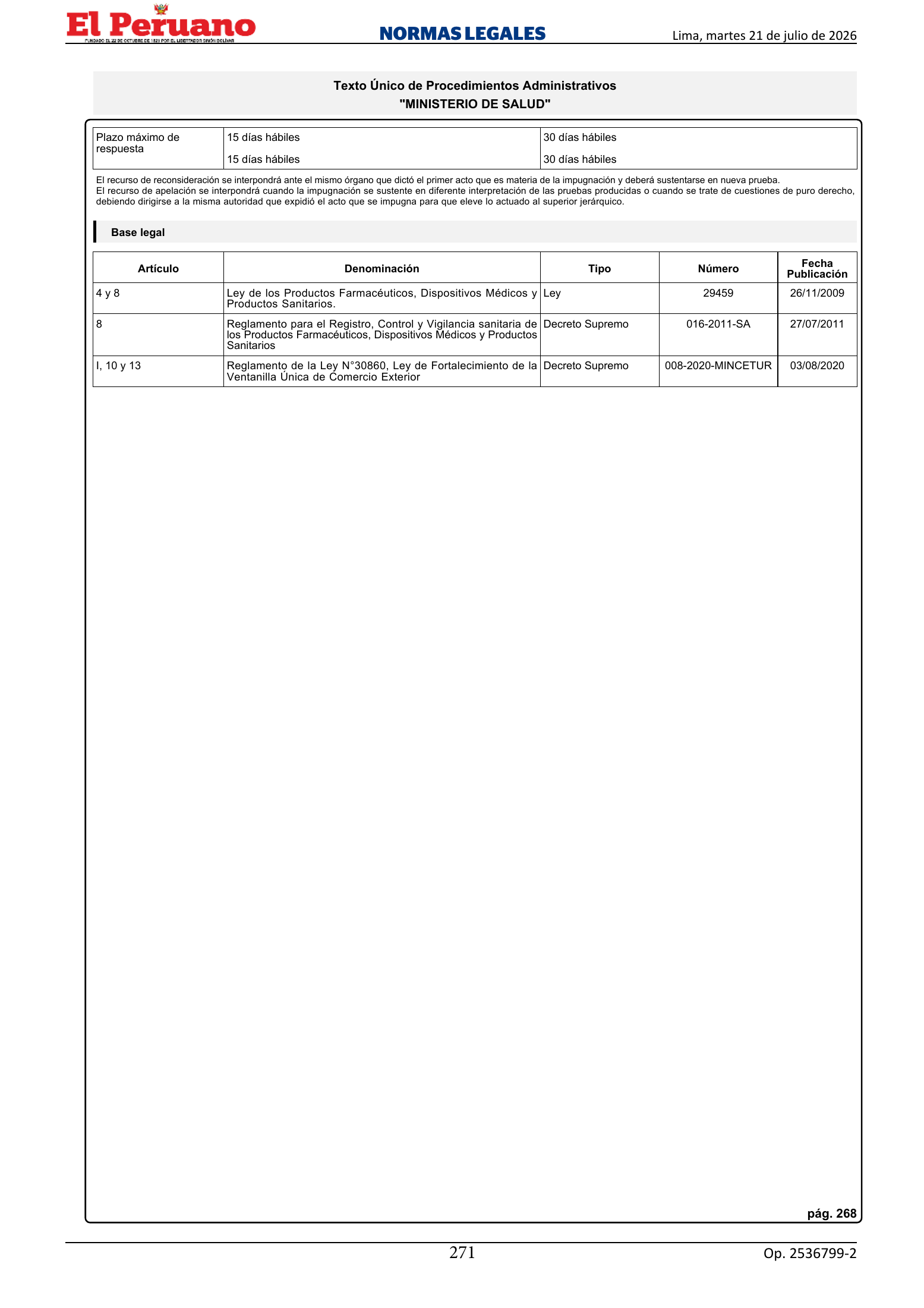 TUPA approved by D.S. 011-2026-SA, original PDF physical page 271; printed TUPA page 268