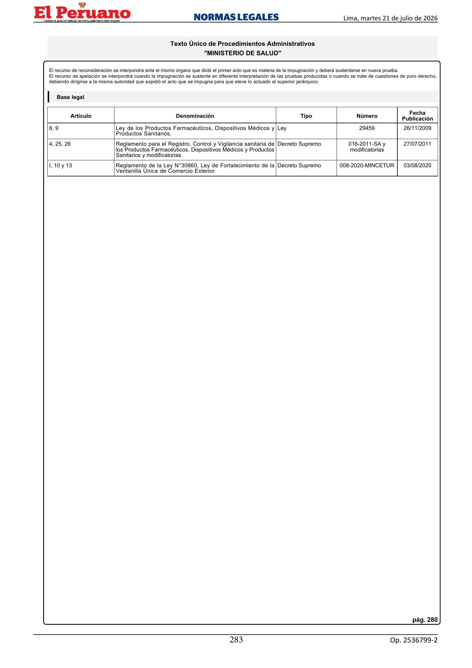 TUPA approved by D.S. 011-2026-SA, original PDF physical page 283; printed TUPA page 280