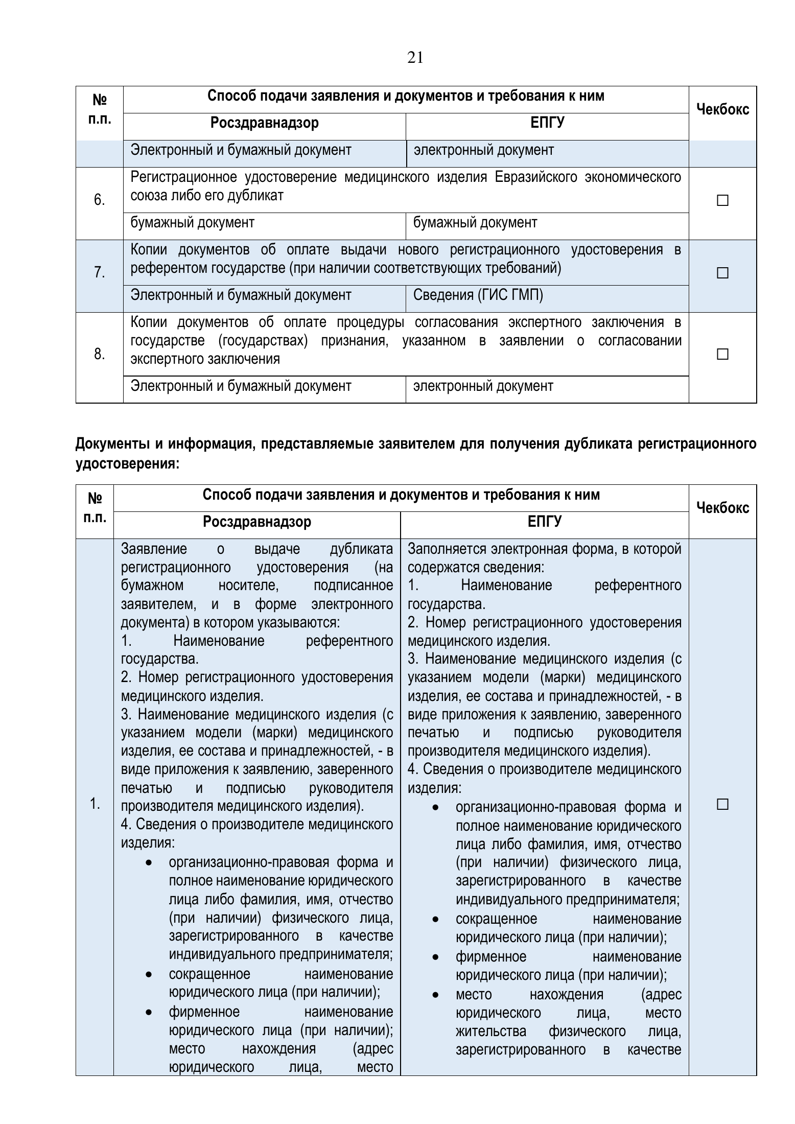 Roszdravnadzor EAEU medical-device registration service standard — complete original official PDF page 21; source image governs.