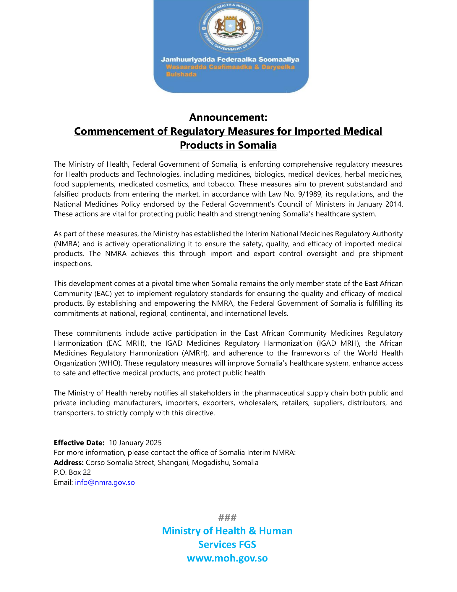 somalia-imported-medical-products-regulatory-commencement-2025 — official PDF page 1; original table columns, symbols and diagram connections