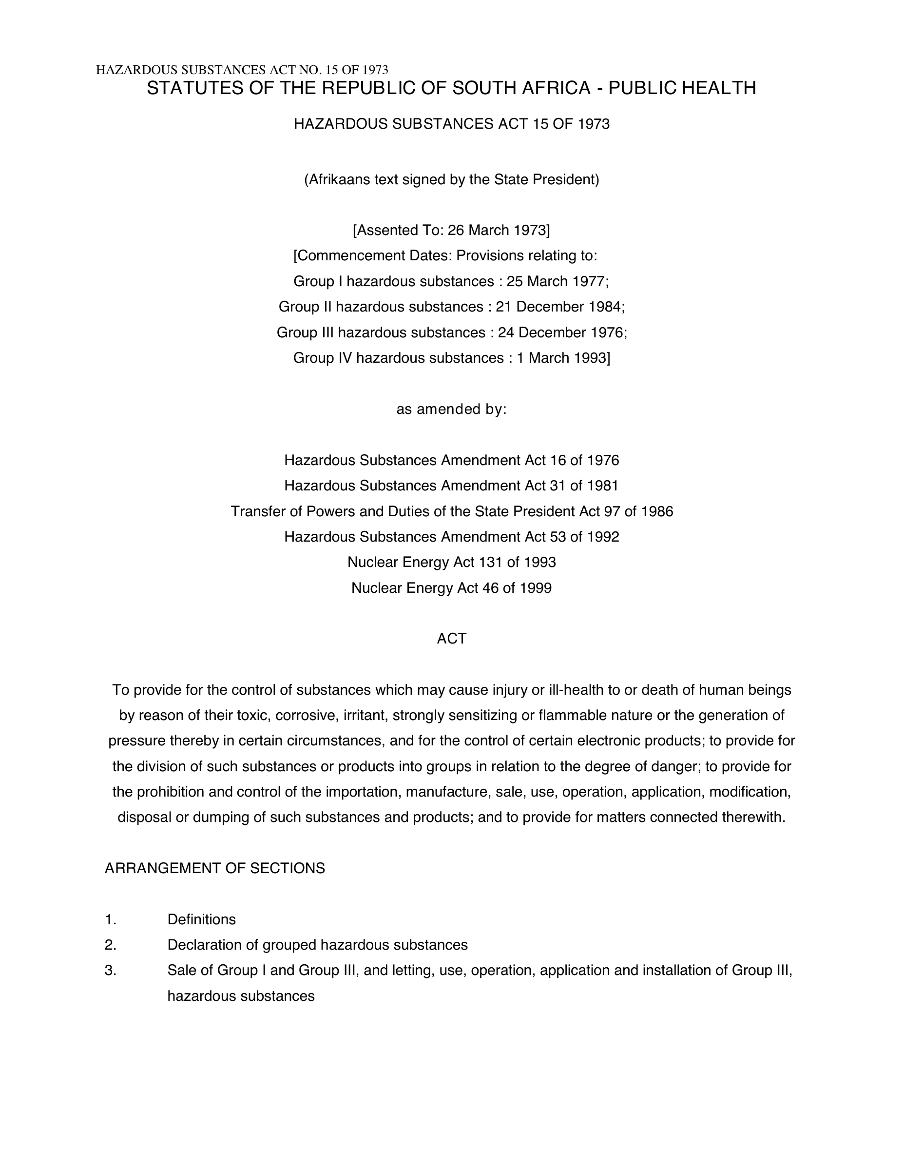 Hazardous Substances Act 15 of 1973 — complete original official PDF page 1