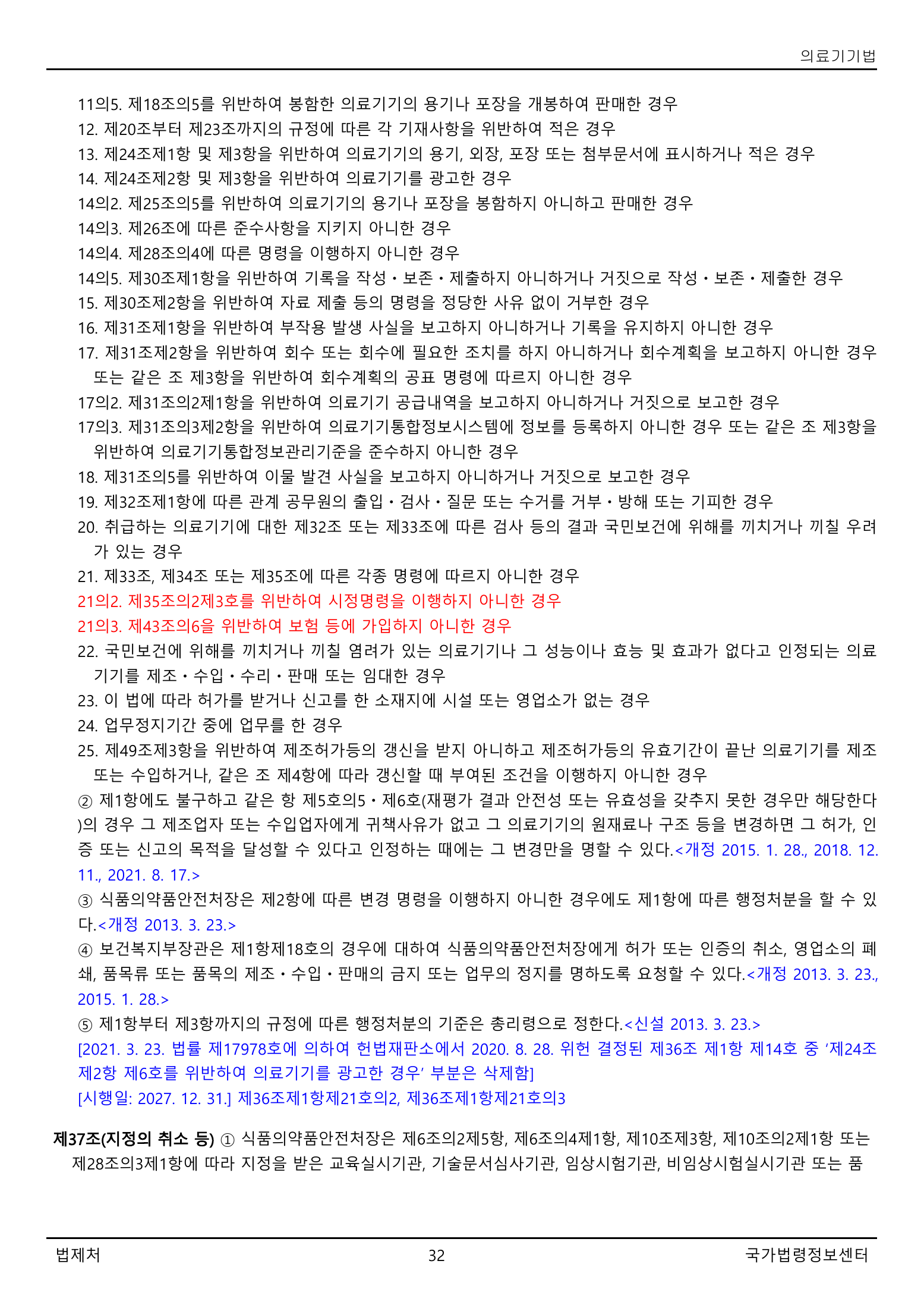 Official Korean Medical Devices Act 법률 제22105호 full selected PDF export, physical page 32 of 57; original image governs native search text.