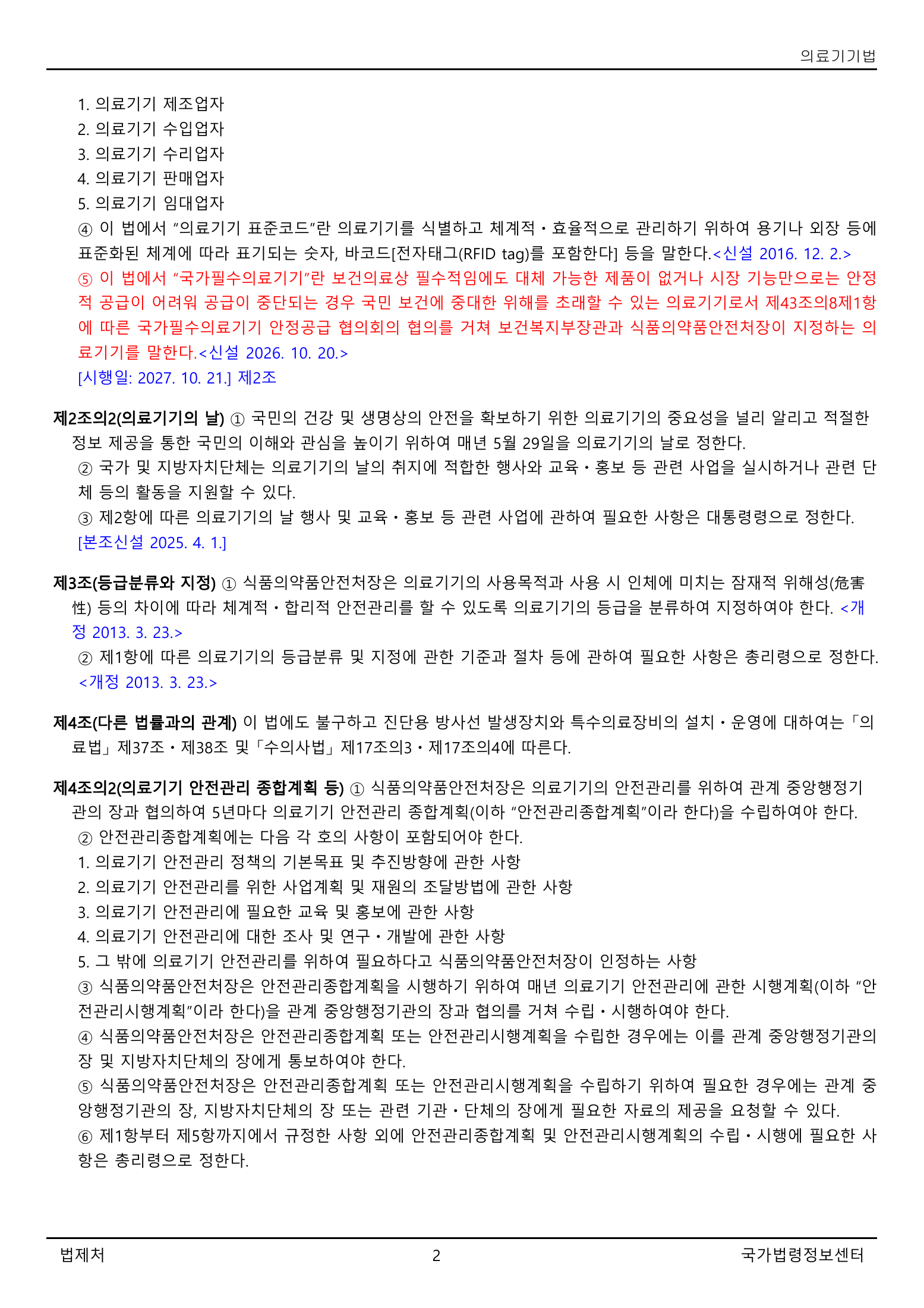 Official Korean Medical Devices Act 법률 제22105호 full selected PDF export, physical page 2 of 57; original image governs native search text.