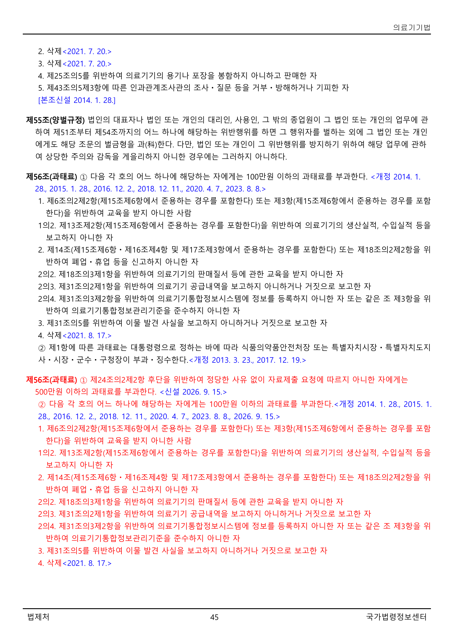Official Korean Medical Devices Act 법률 제22105호 full selected PDF export, physical page 45 of 57; original image governs native search text.