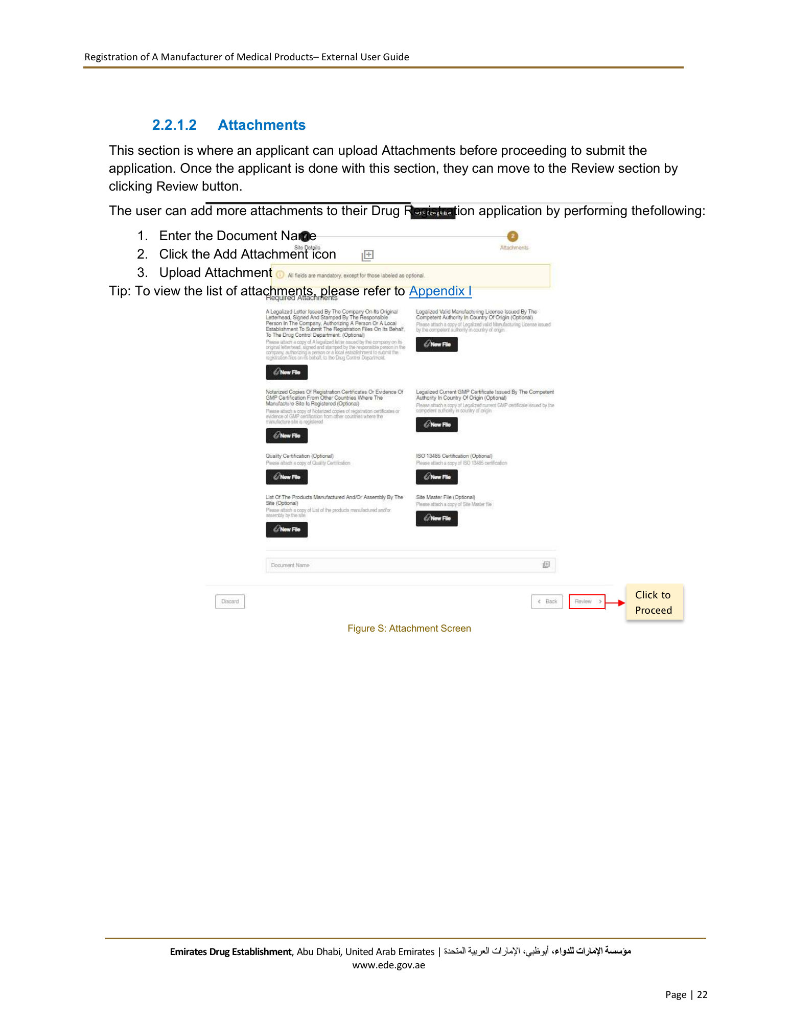 External User Guide — Registration of a Manufacturer of Medical Products — original physical PDF page 22; full original layout and figures retained.