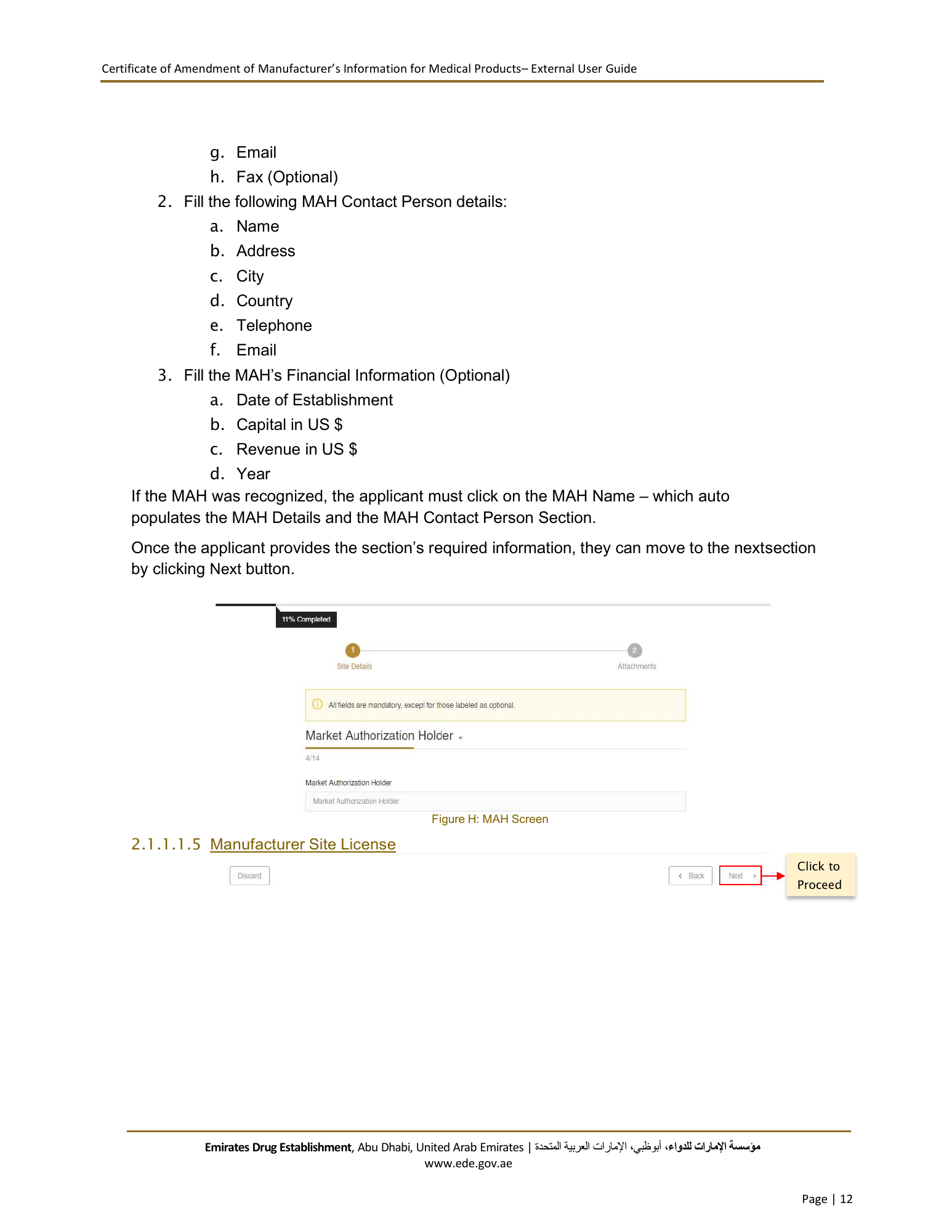 External User Guide — Certificate of Amendment of Manufacturer’s Information for Medical Products — original physical PDF page 12; full original layout and figures retained.