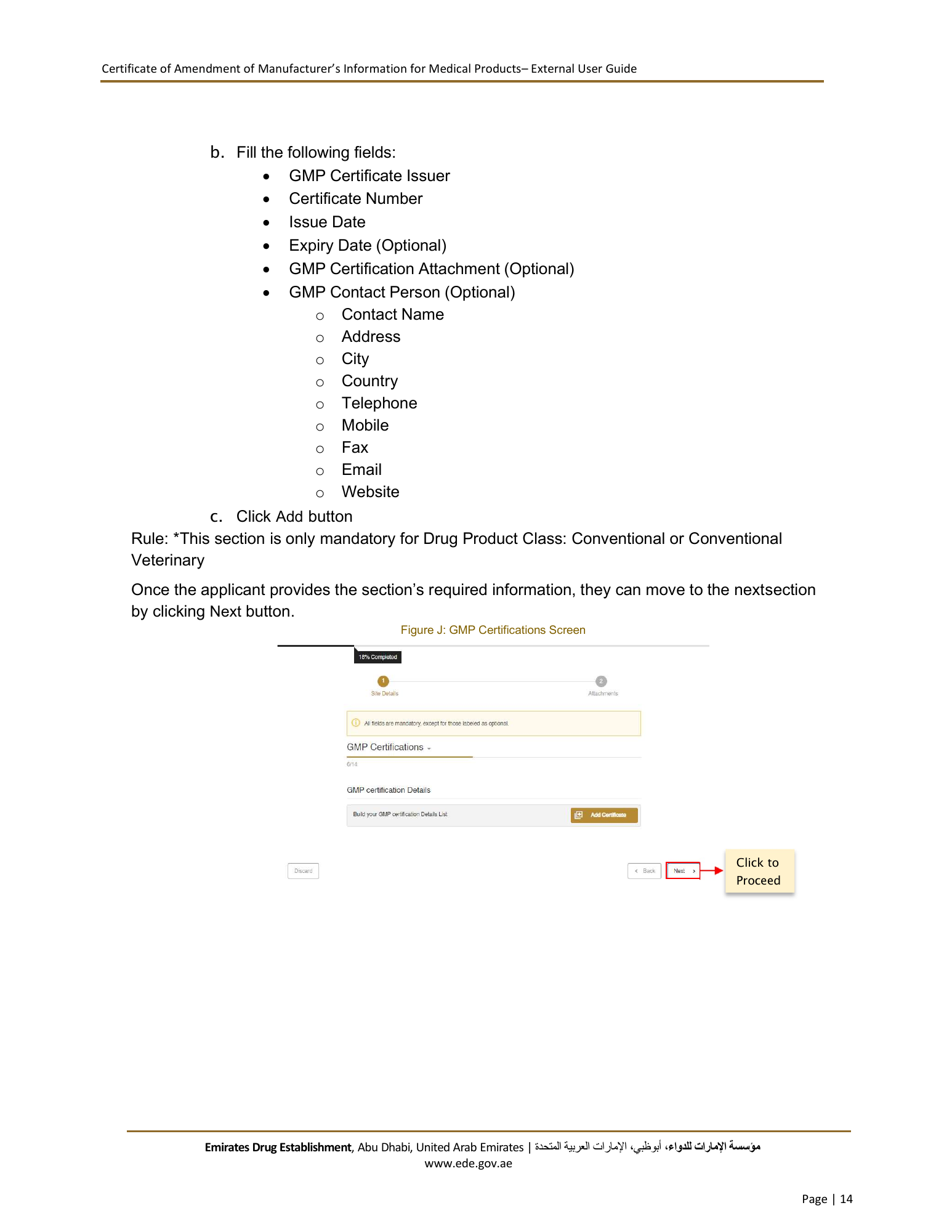 External User Guide — Certificate of Amendment of Manufacturer’s Information for Medical Products — original physical PDF page 14; full original layout and figures retained.