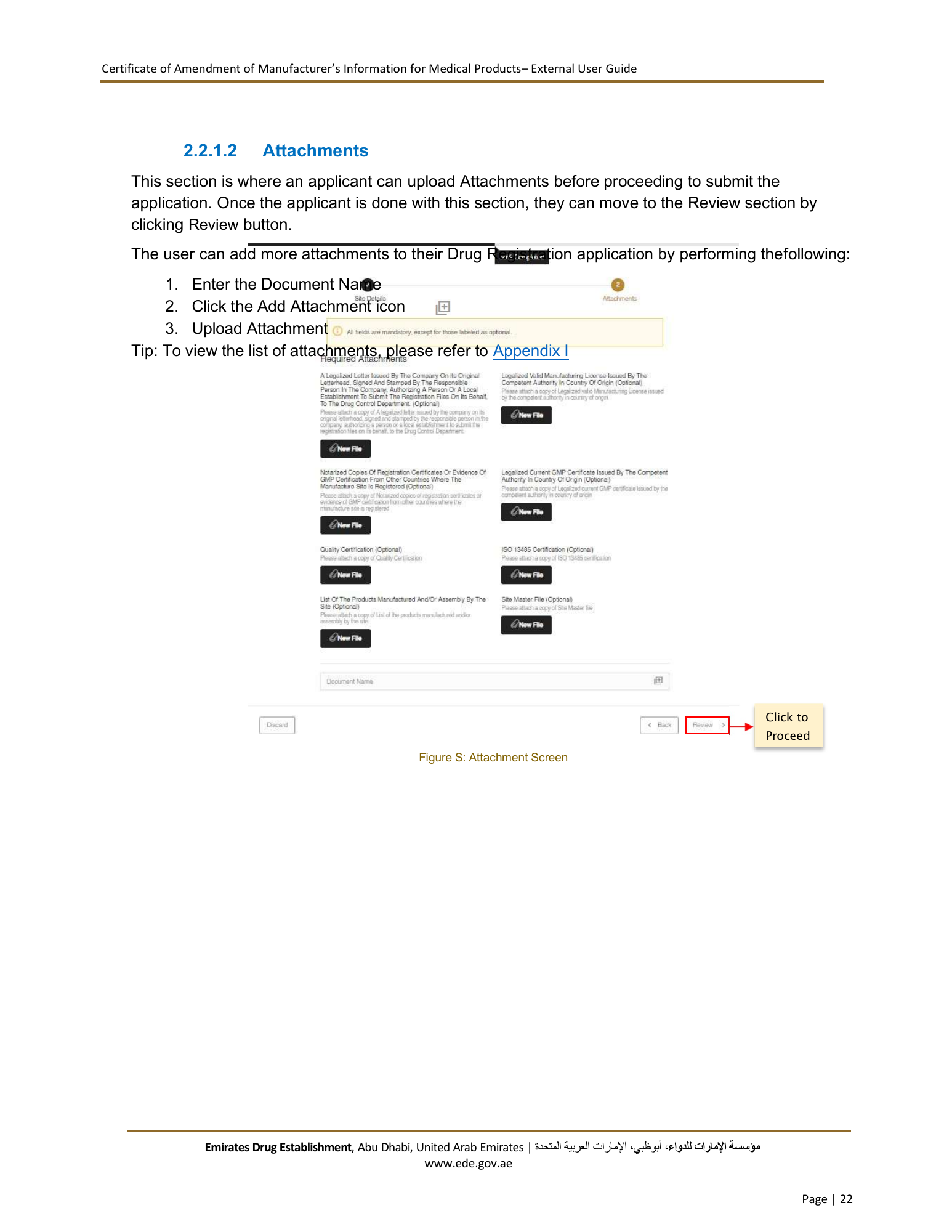 External User Guide — Certificate of Amendment of Manufacturer’s Information for Medical Products — original physical PDF page 22; full original layout and figures retained.