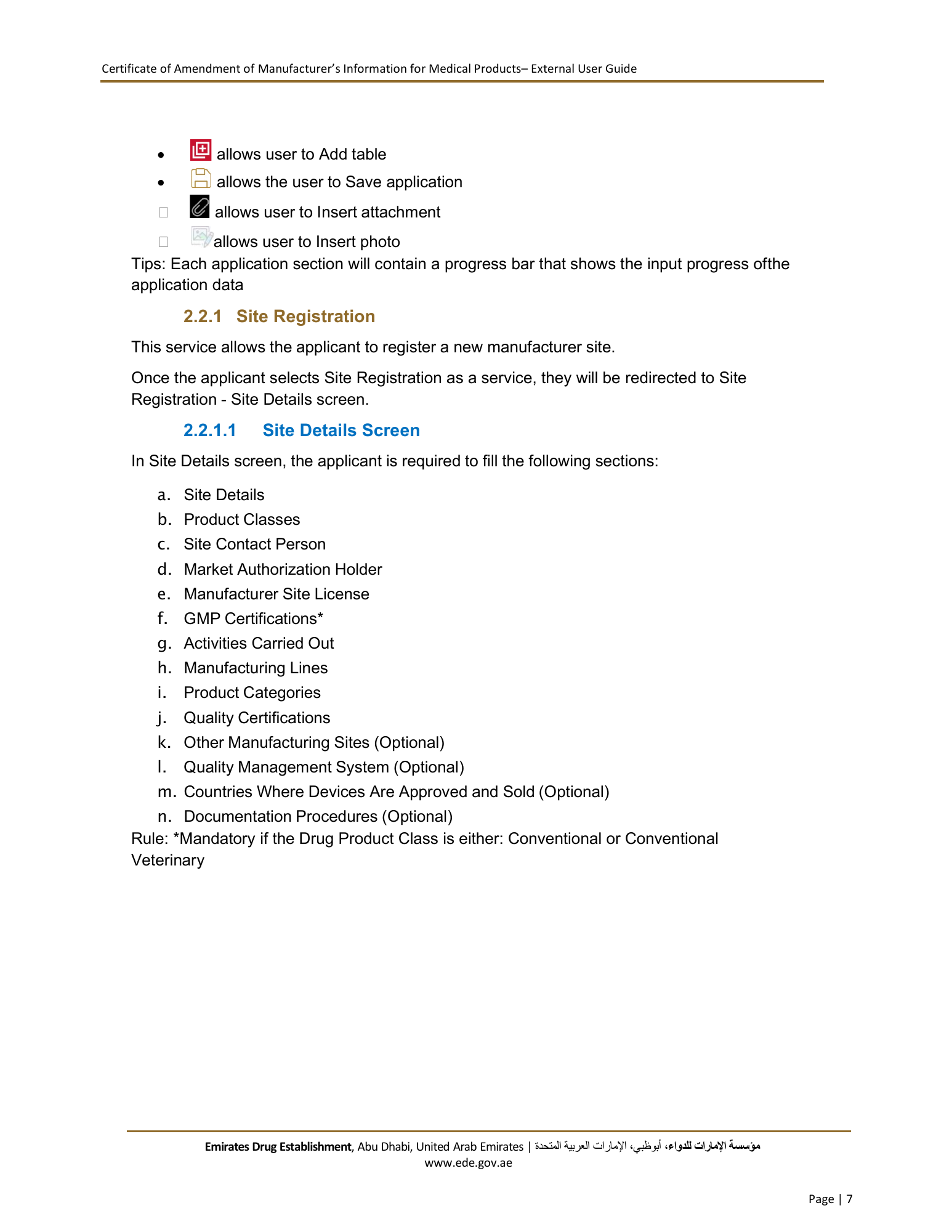External User Guide — Certificate of Amendment of Manufacturer’s Information for Medical Products — original physical PDF page 7; full original layout and figures retained.