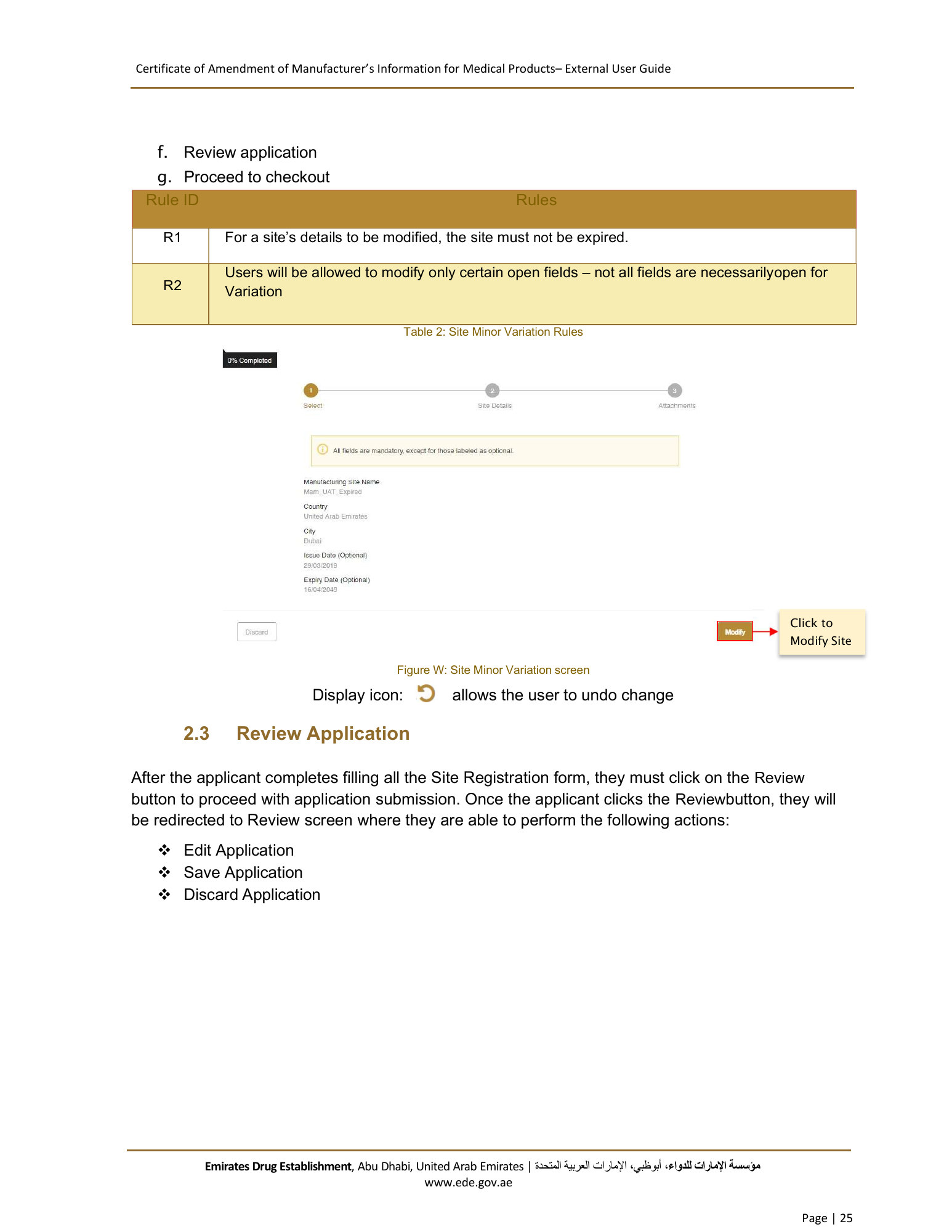 External User Guide — Certificate of Amendment of Manufacturer’s Information for Medical Products — original physical PDF page 25; full original layout and figures retained.