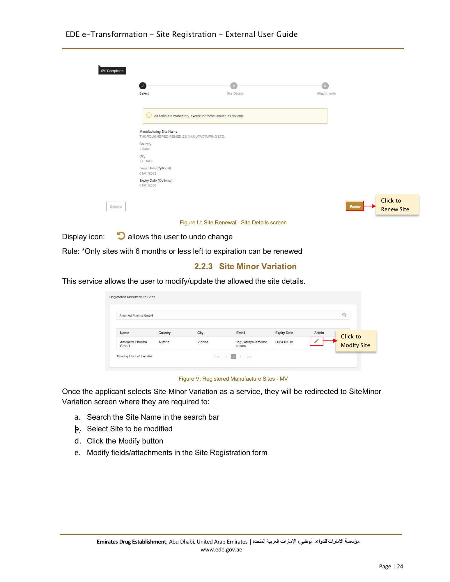 External User Guide — Certificate of Amendment of Manufacturer’s Information for Medical Products — original physical PDF page 24; full original layout and figures retained.
