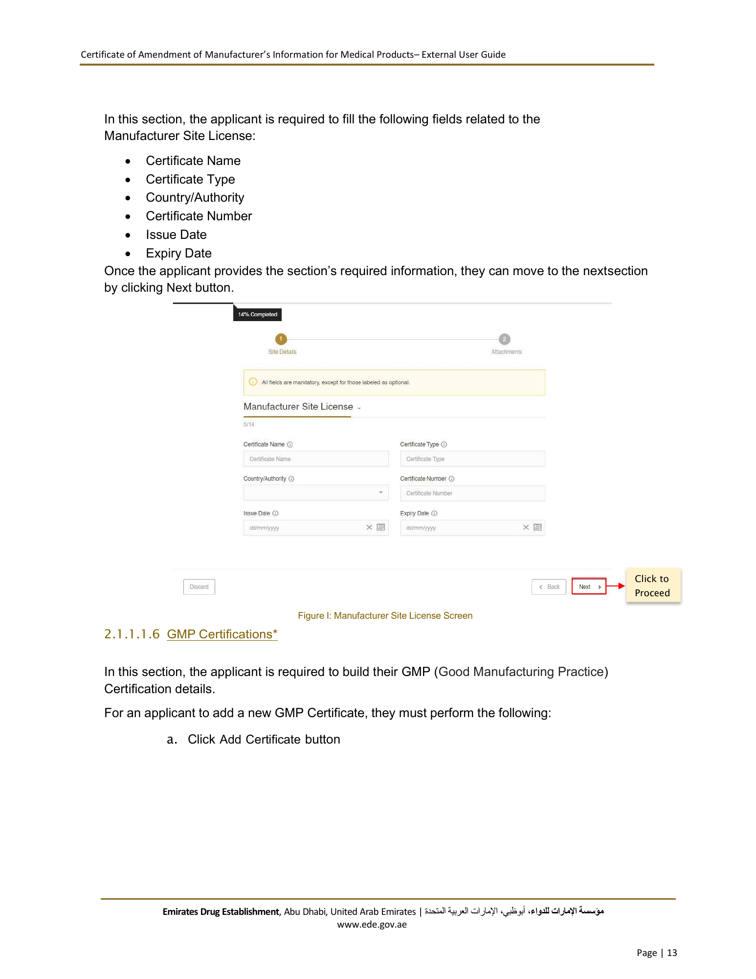 External User Guide — Certificate of Amendment of Manufacturer’s Information for Medical Products — original physical PDF page 13; full original layout and figures retained.