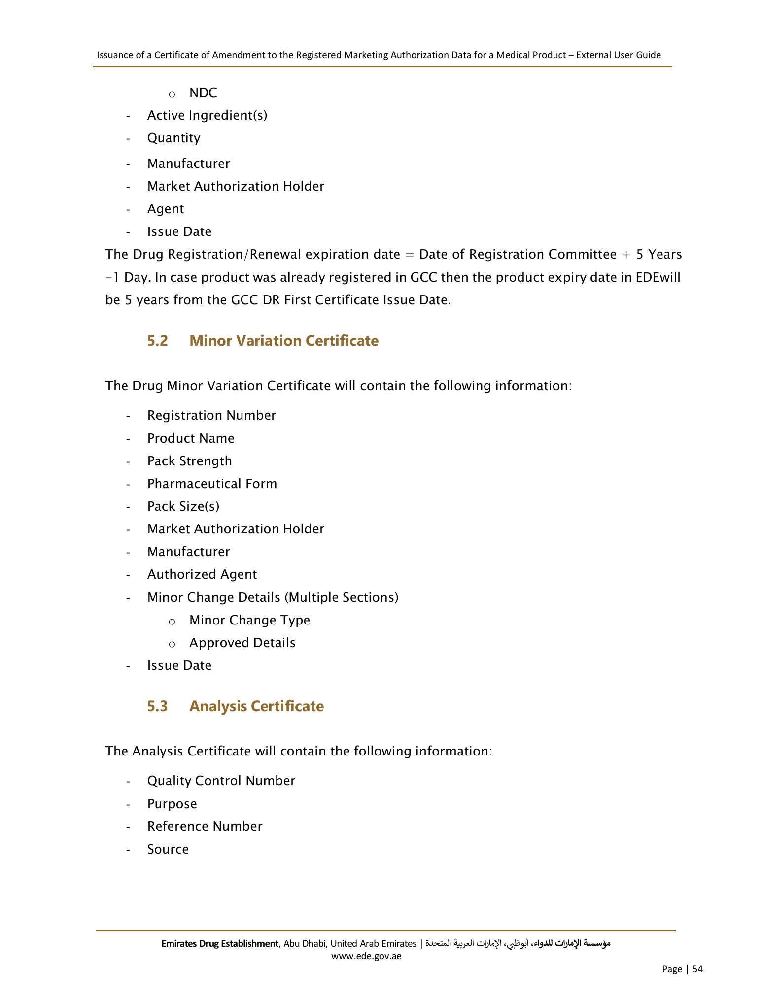 External User Guide — Issuance of a Certificate of Amendment to the Registered Marketing Authorization Data for a Medical Product — original physical PDF page 52; full original layout and figures retained.