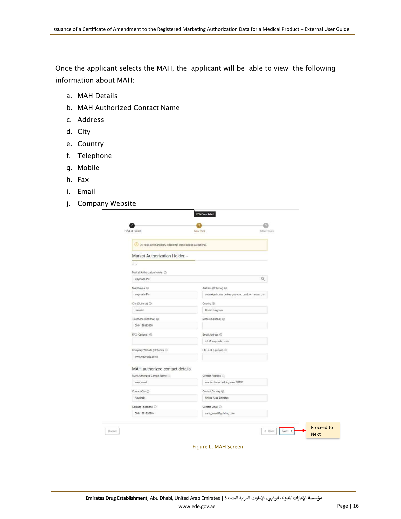 External User Guide — Issuance of a Certificate of Amendment to the Registered Marketing Authorization Data for a Medical Product — original physical PDF page 16; full original layout and figures retained.