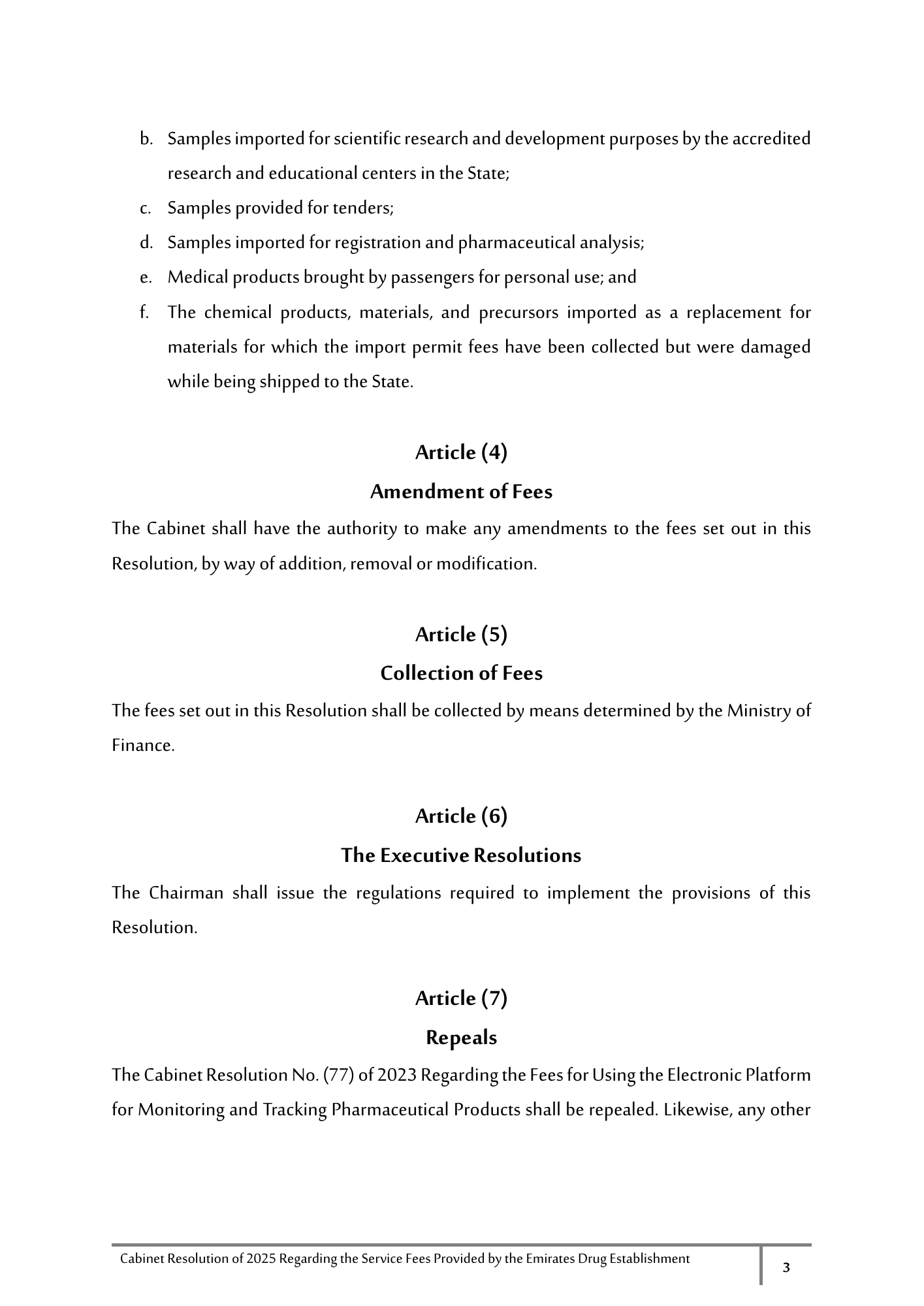 Cabinet Resolution No. (40) of 2025 — Service Fees Provided by the Emirates Drug Establishment — original physical PDF page 3; full original layout and figures retained.