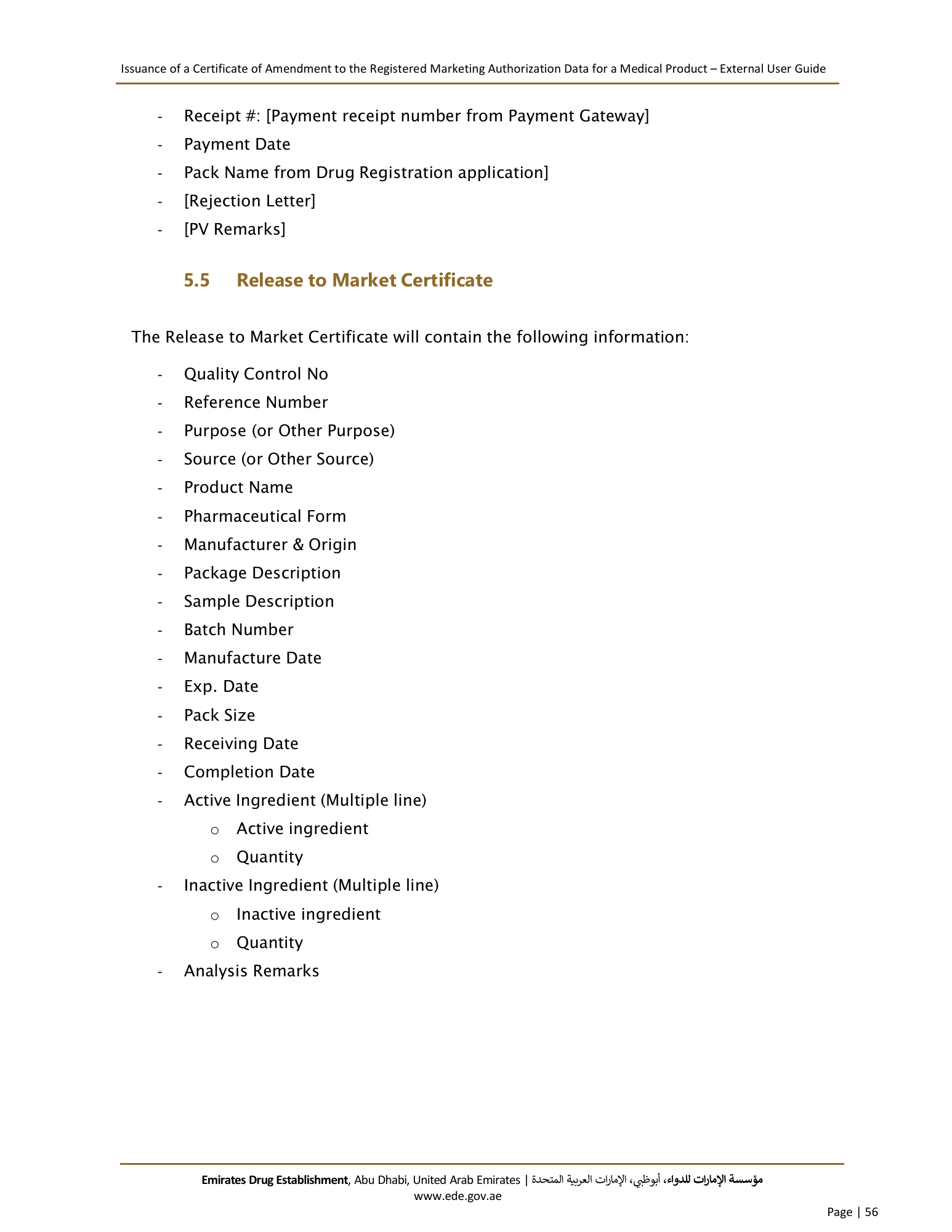 External User Guide — Issuance of a Certificate of Amendment to the Registered Marketing Authorization Data for a Medical Product — original physical PDF page 54; full original layout and figures retained.