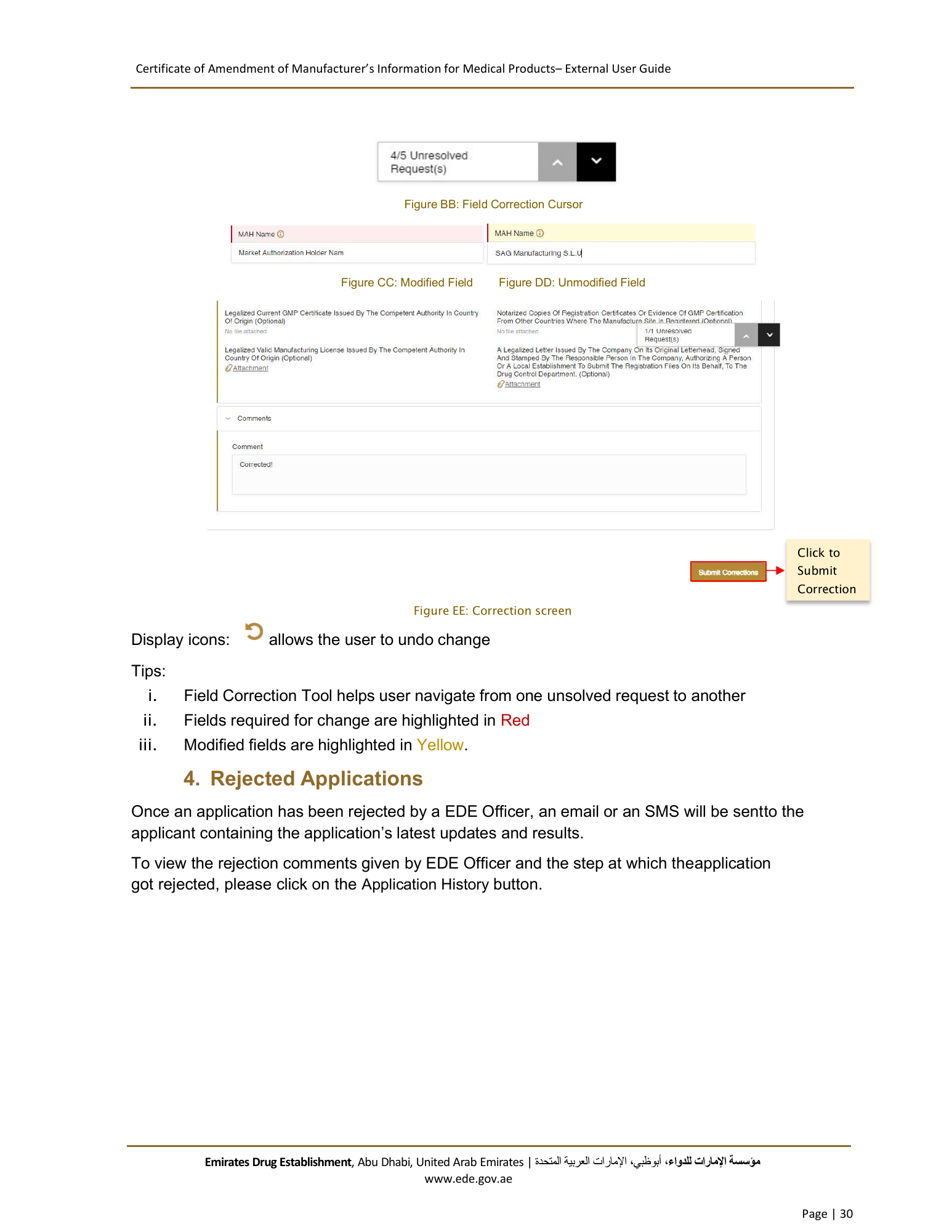 External User Guide — Certificate of Amendment of Manufacturer’s Information for Medical Products — original physical PDF page 30; full original layout and figures retained.