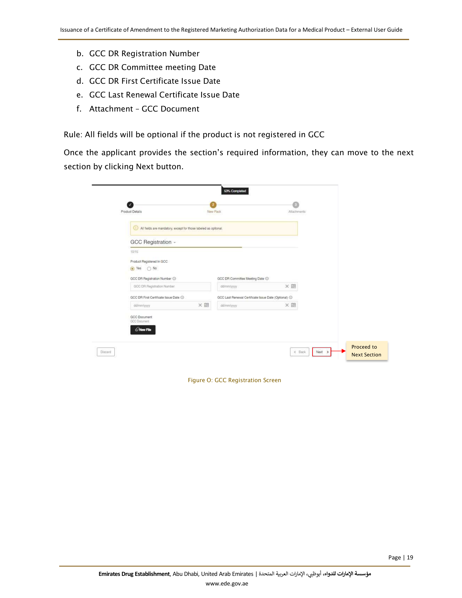 External User Guide — Issuance of a Certificate of Amendment to the Registered Marketing Authorization Data for a Medical Product — original physical PDF page 19; full original layout and figures retained.
