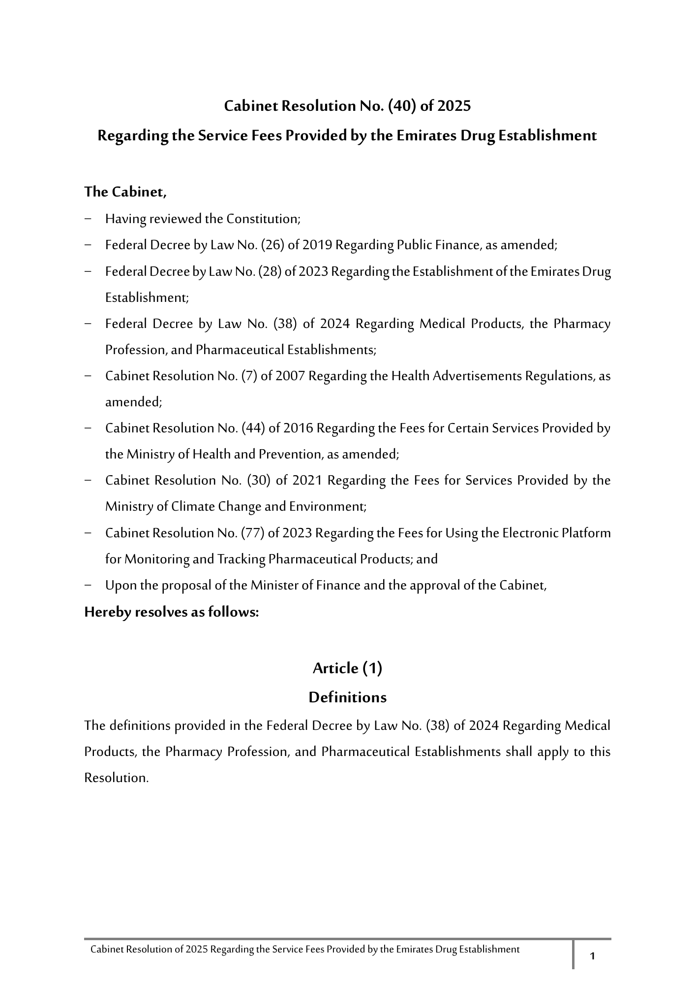 Cabinet Resolution No. (40) of 2025 — Service Fees Provided by the Emirates Drug Establishment — original physical PDF page 1; full original layout and figures retained.