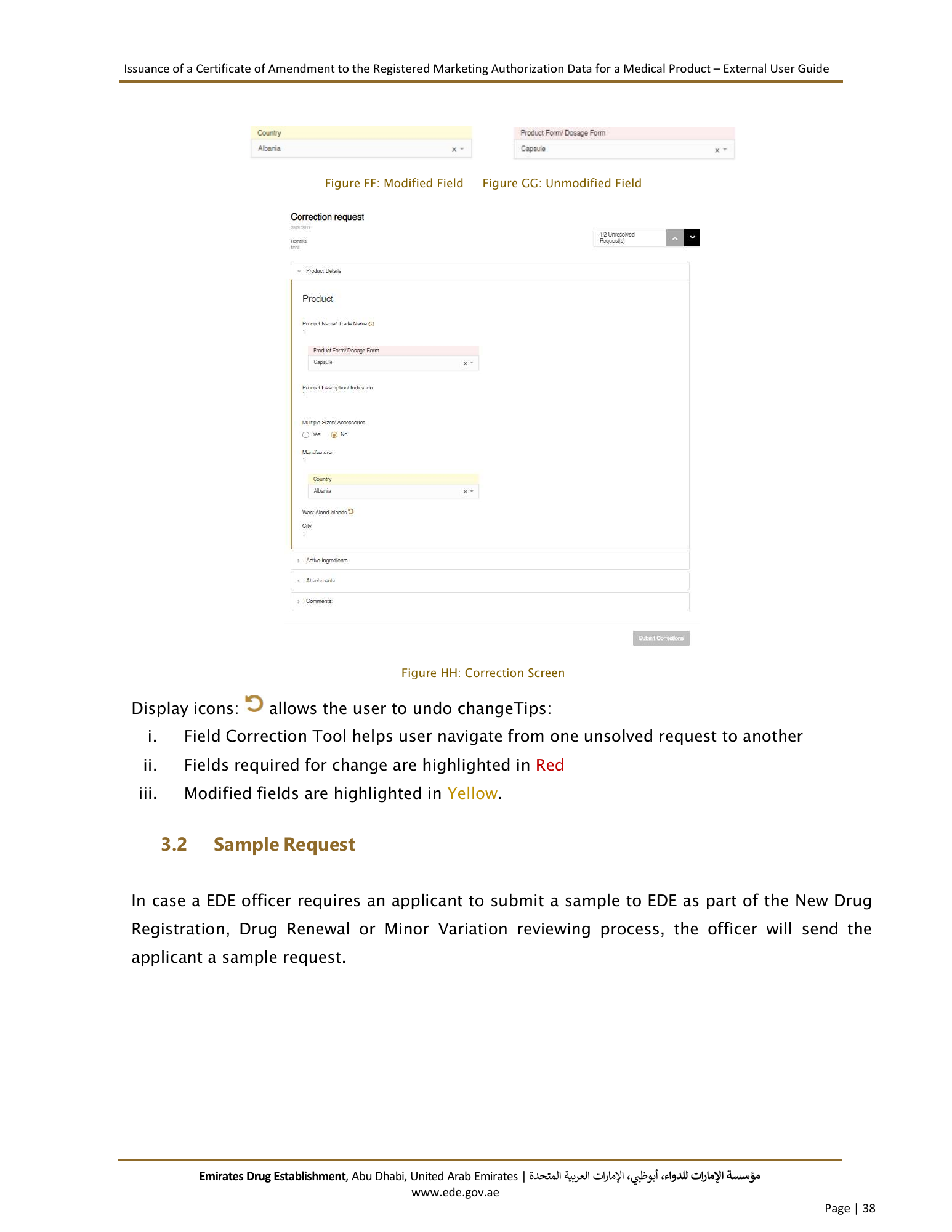 External User Guide — Issuance of a Certificate of Amendment to the Registered Marketing Authorization Data for a Medical Product — original physical PDF page 36; full original layout and figures retained.
