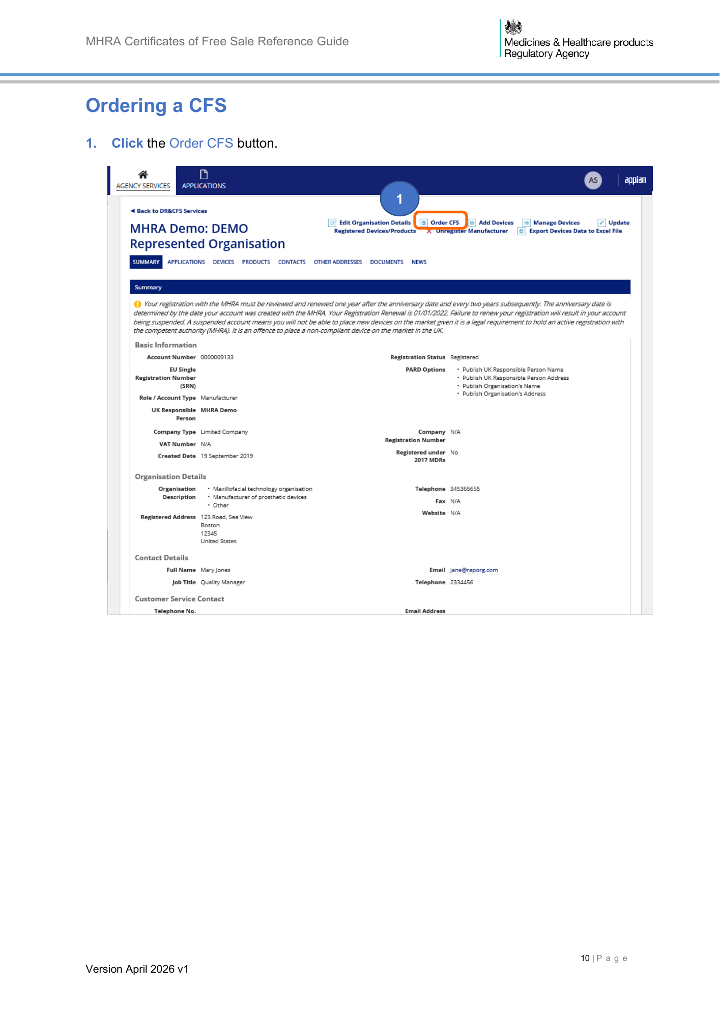 MHRA Certificates of Free Sale Reference Guide April 2026 v1 — official PDF page 11