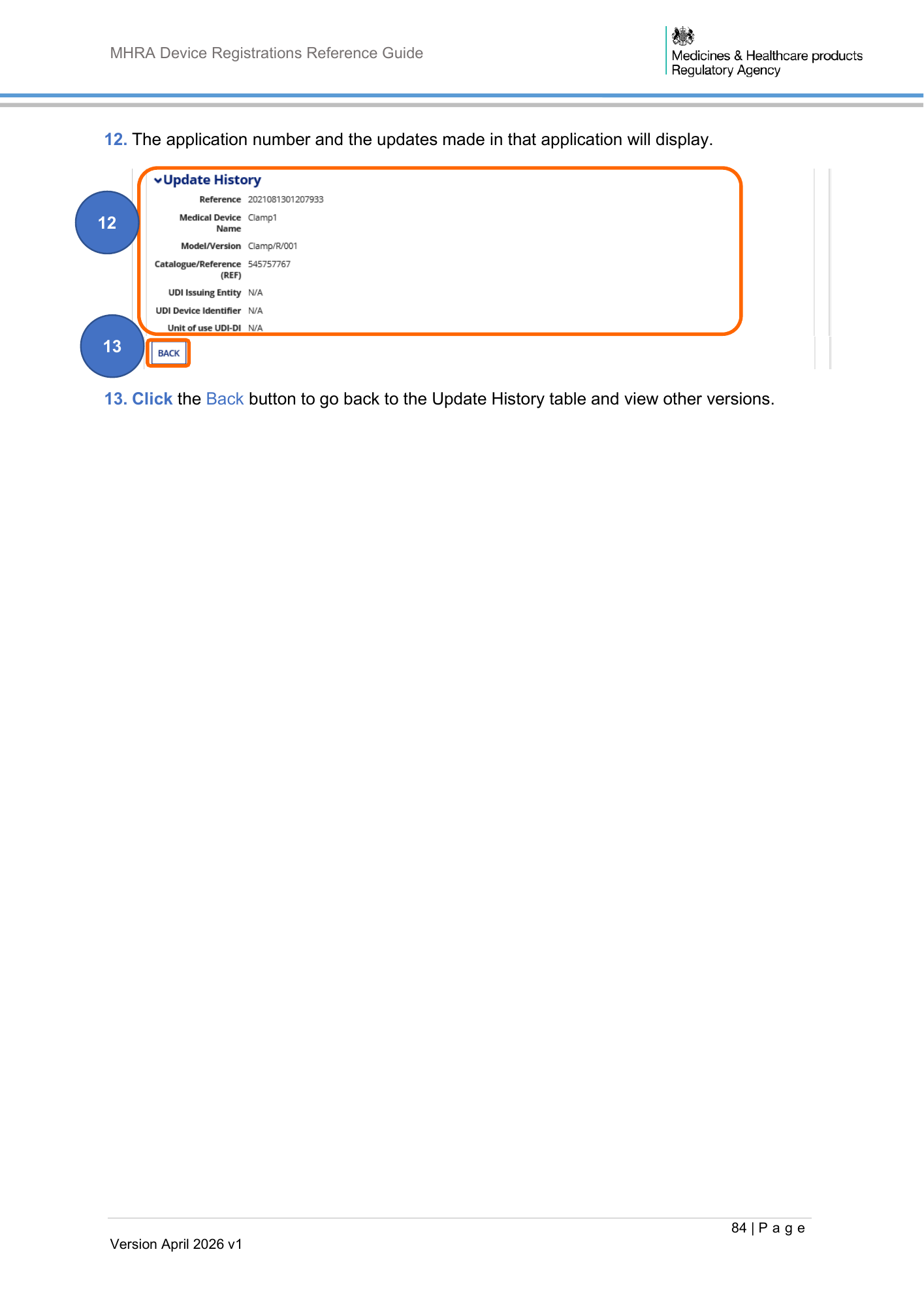 MHRA Device Registration Reference Guide, April 2026 v1 — official PDF page 85