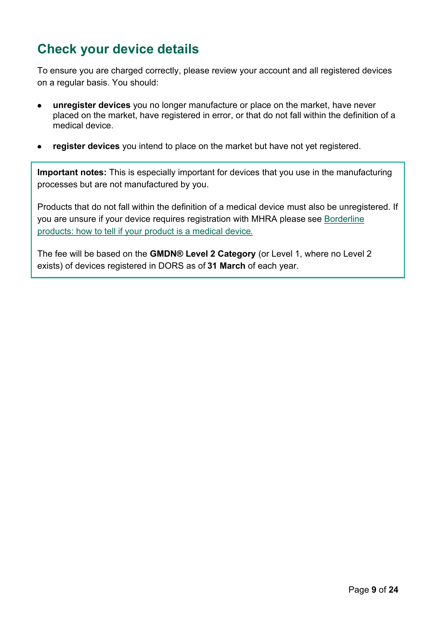 MHRA Device Registration Fee Guidance, April 2026 — official PDF page 9