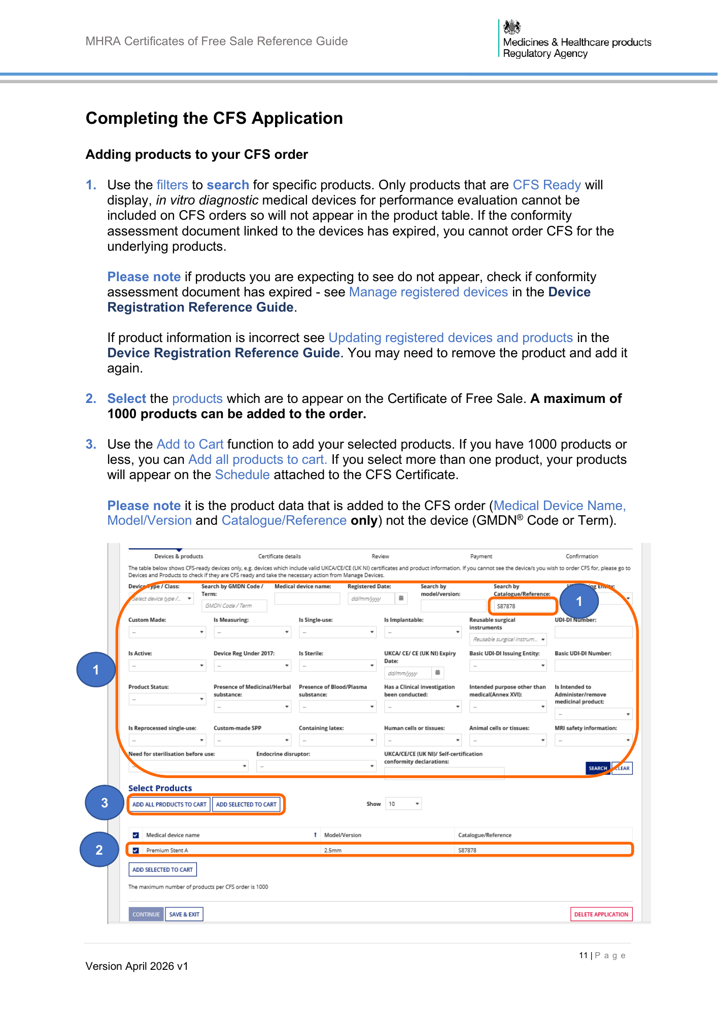 MHRA Certificates of Free Sale Reference Guide April 2026 v1 — official PDF page 12