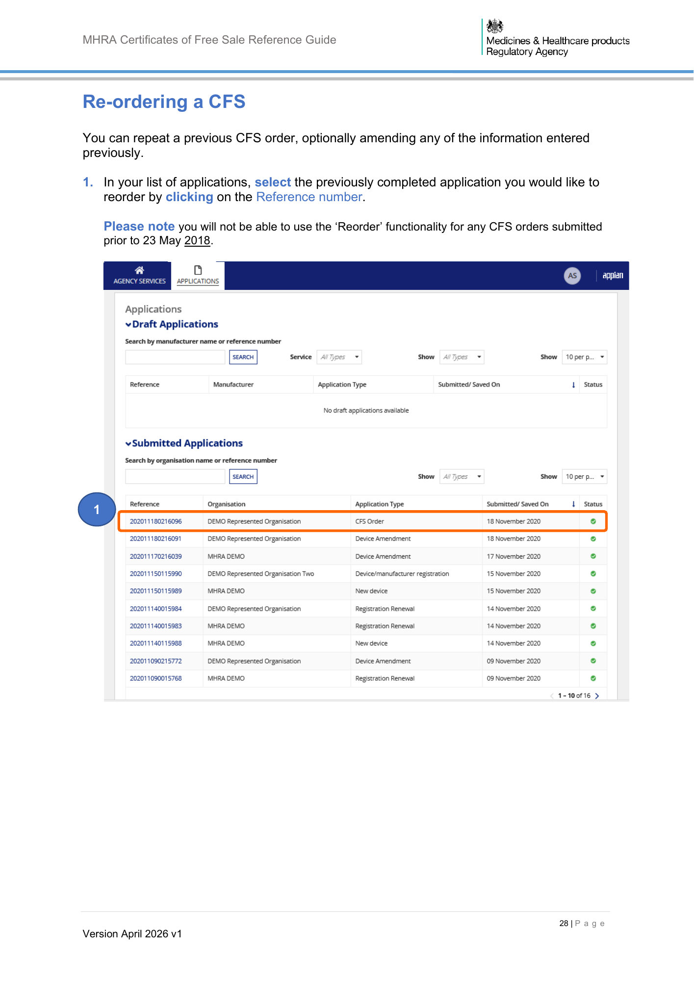 MHRA Certificates of Free Sale Reference Guide April 2026 v1 — official PDF page 29