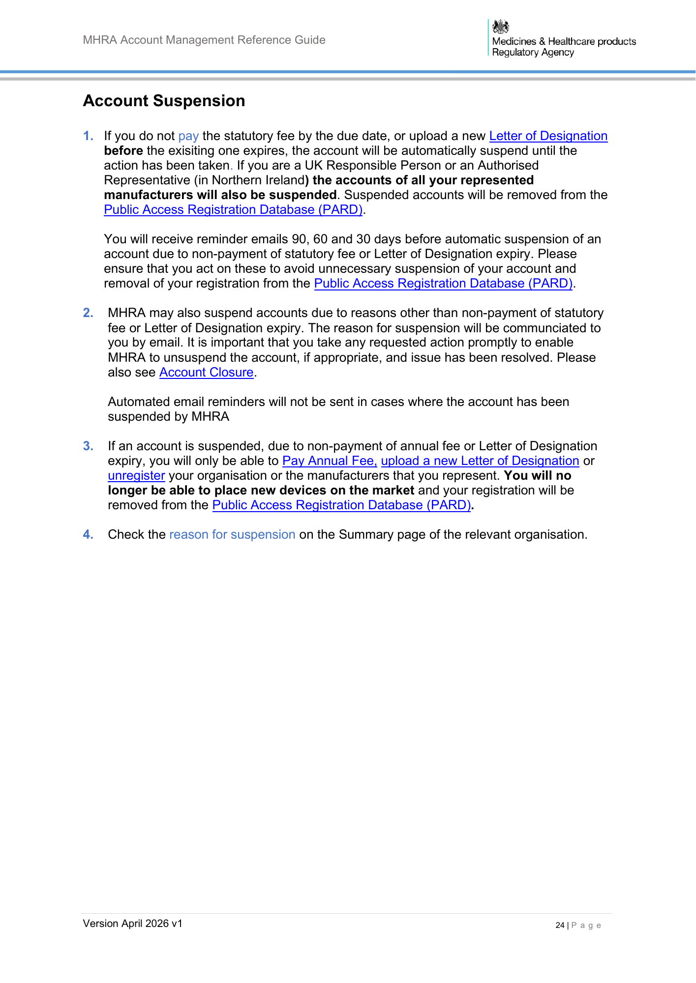 MHRA Account Management Reference Guide, April 2026 v1 — official PDF page 25
