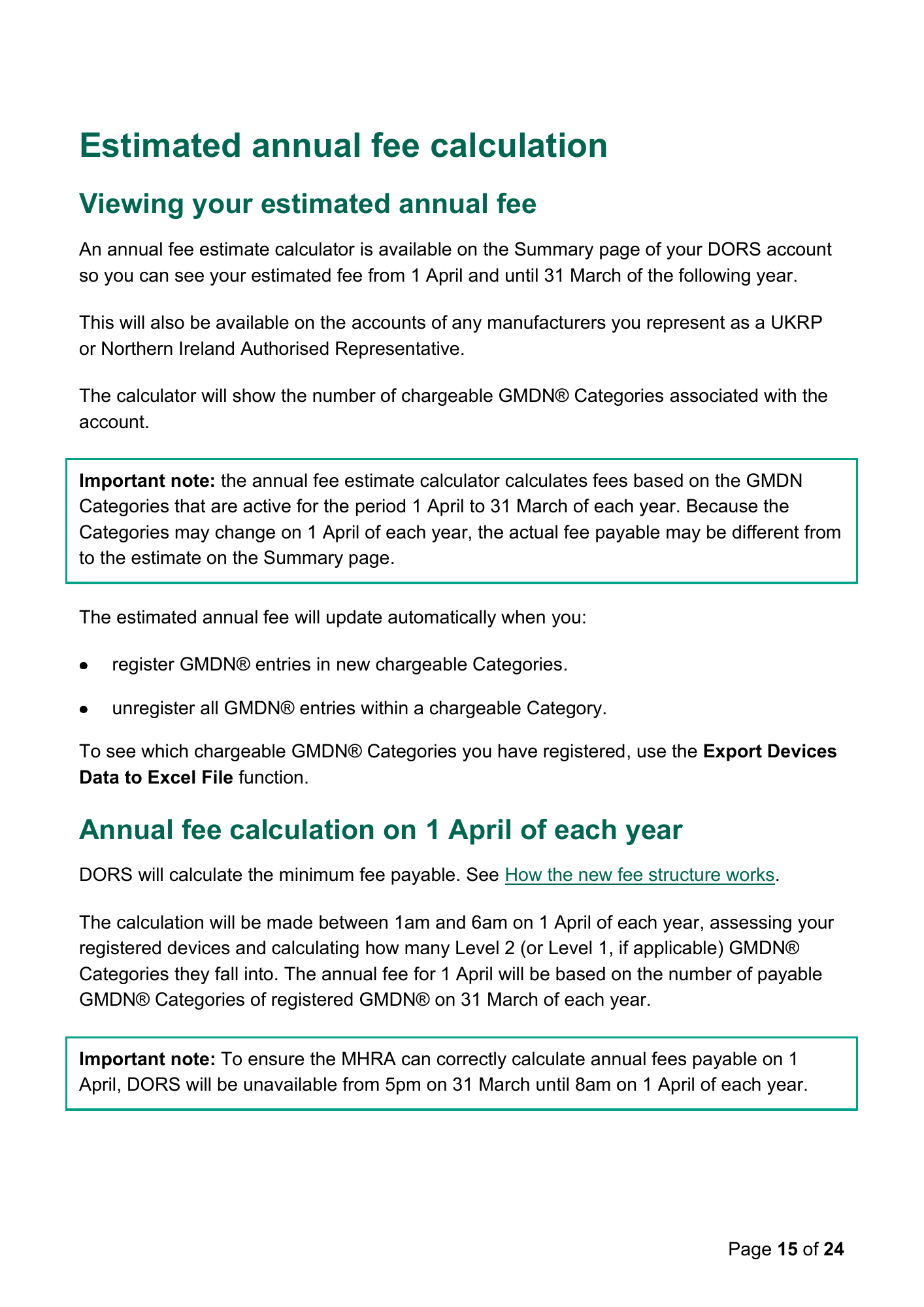 MHRA Device Registration Fee Guidance, April 2026 — official PDF page 15
