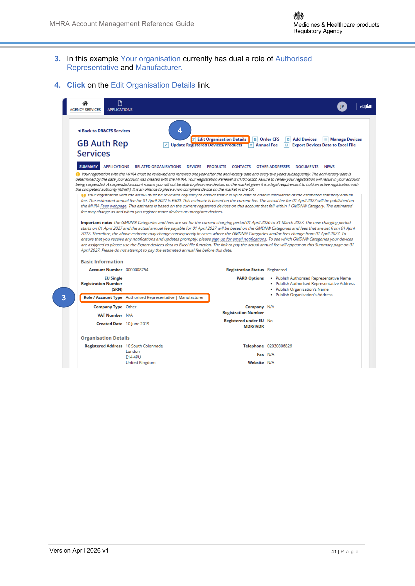 MHRA Account Management Reference Guide, April 2026 v1 — official PDF page 42
