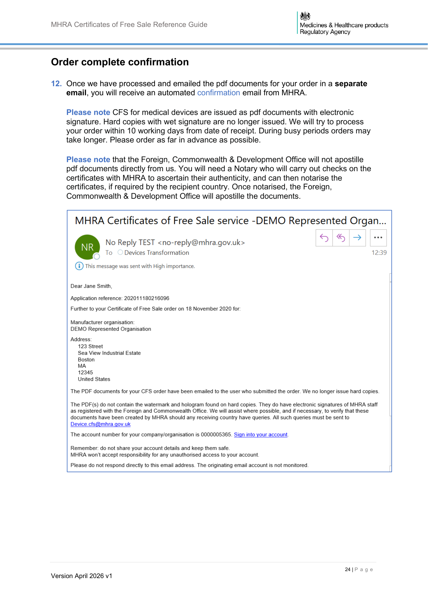 MHRA Certificates of Free Sale Reference Guide April 2026 v1 — official PDF page 25