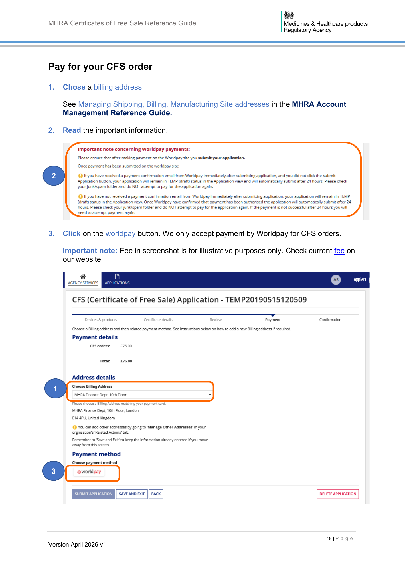 MHRA Certificates of Free Sale Reference Guide April 2026 v1 — official PDF page 19