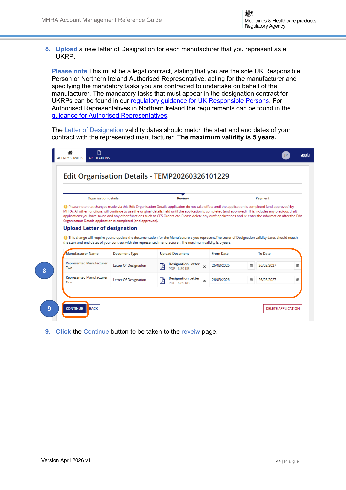 MHRA Account Management Reference Guide, April 2026 v1 — official PDF page 45