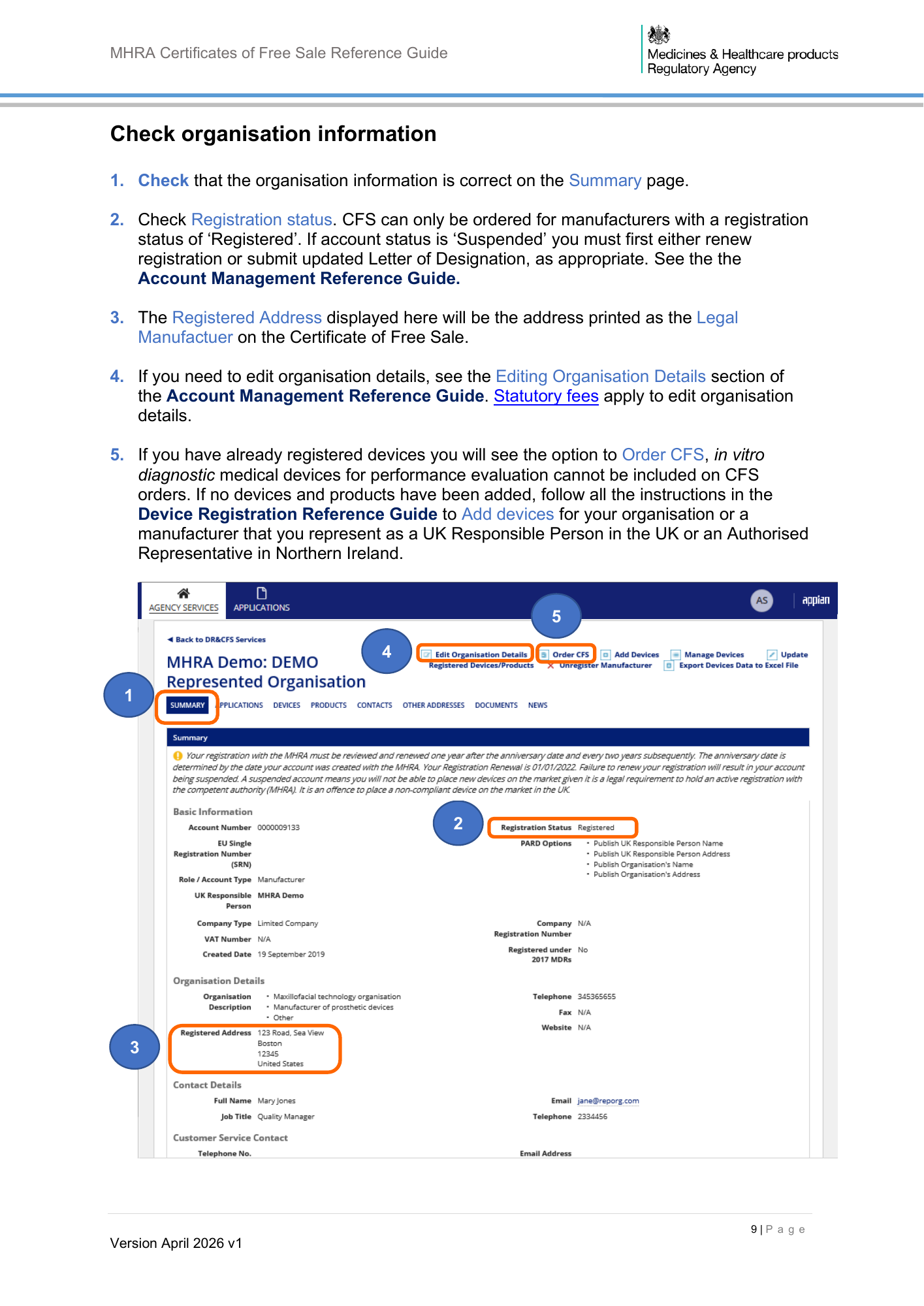 MHRA Certificates of Free Sale Reference Guide April 2026 v1 — official PDF page 10