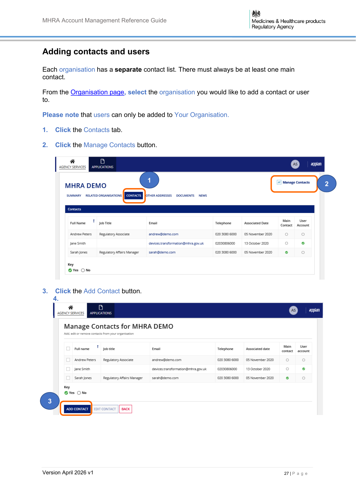 MHRA Account Management Reference Guide, April 2026 v1 — official PDF page 28