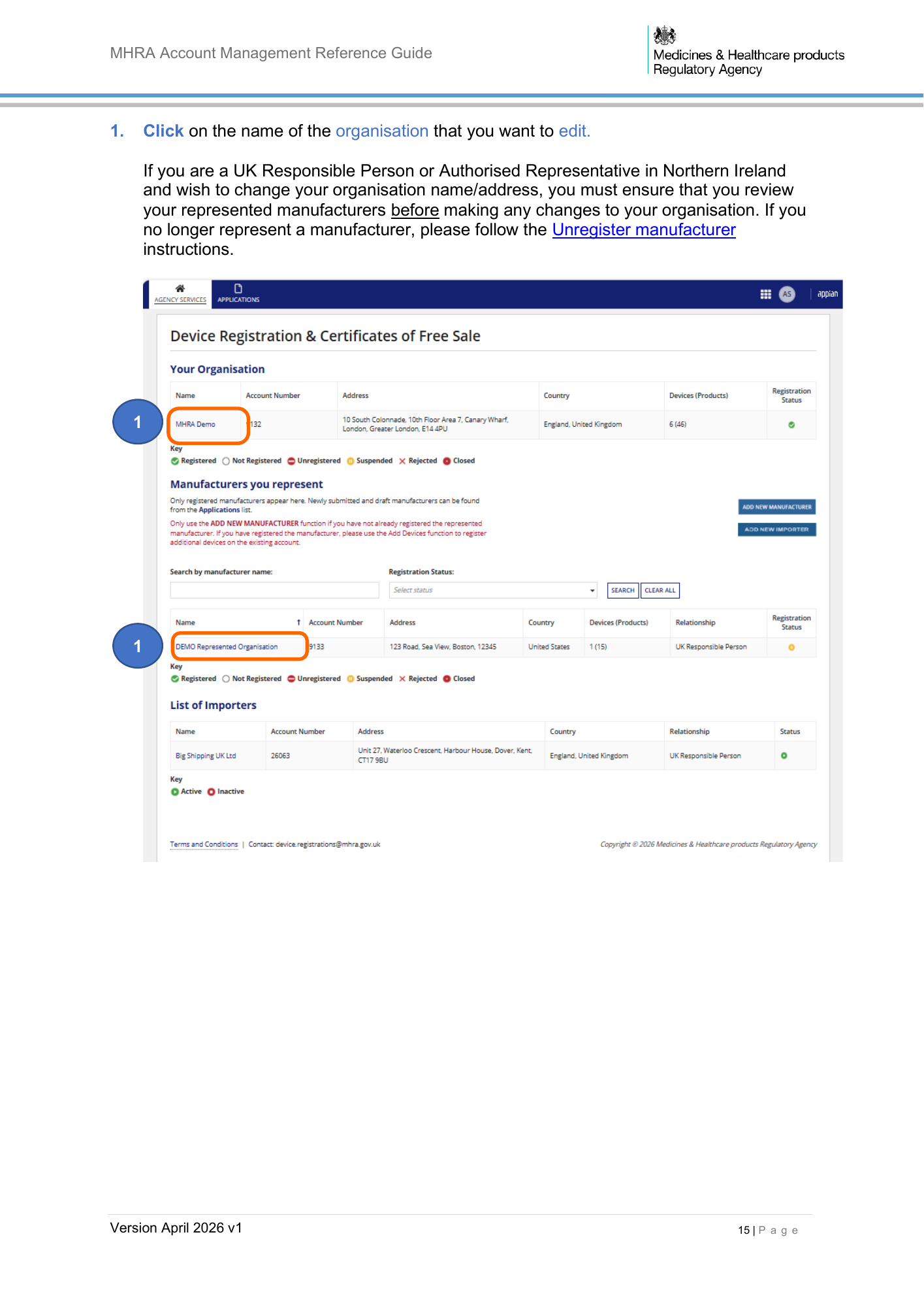 MHRA Account Management Reference Guide, April 2026 v1 — official PDF page 16