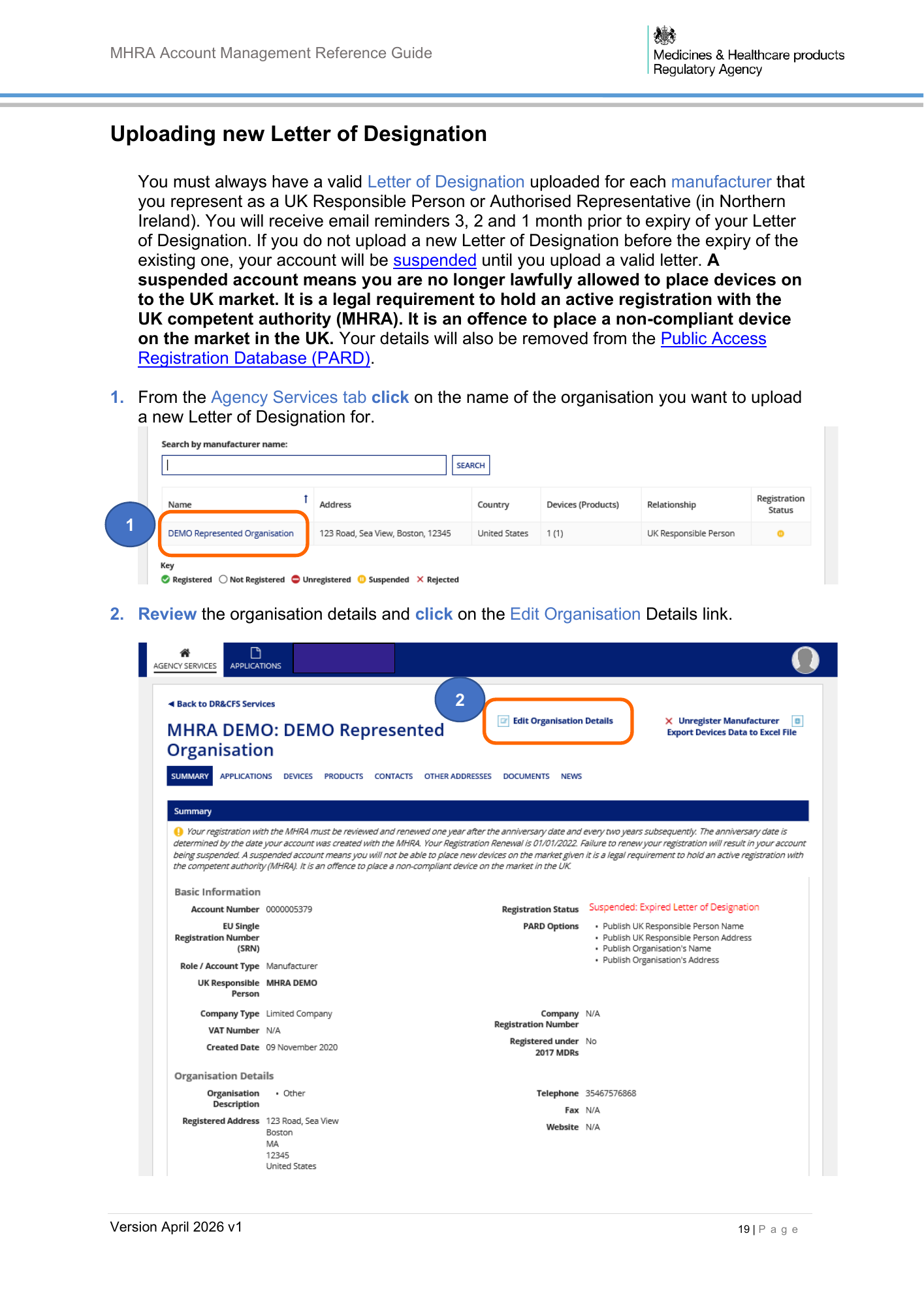 MHRA Account Management Reference Guide, April 2026 v1 — official PDF page 20