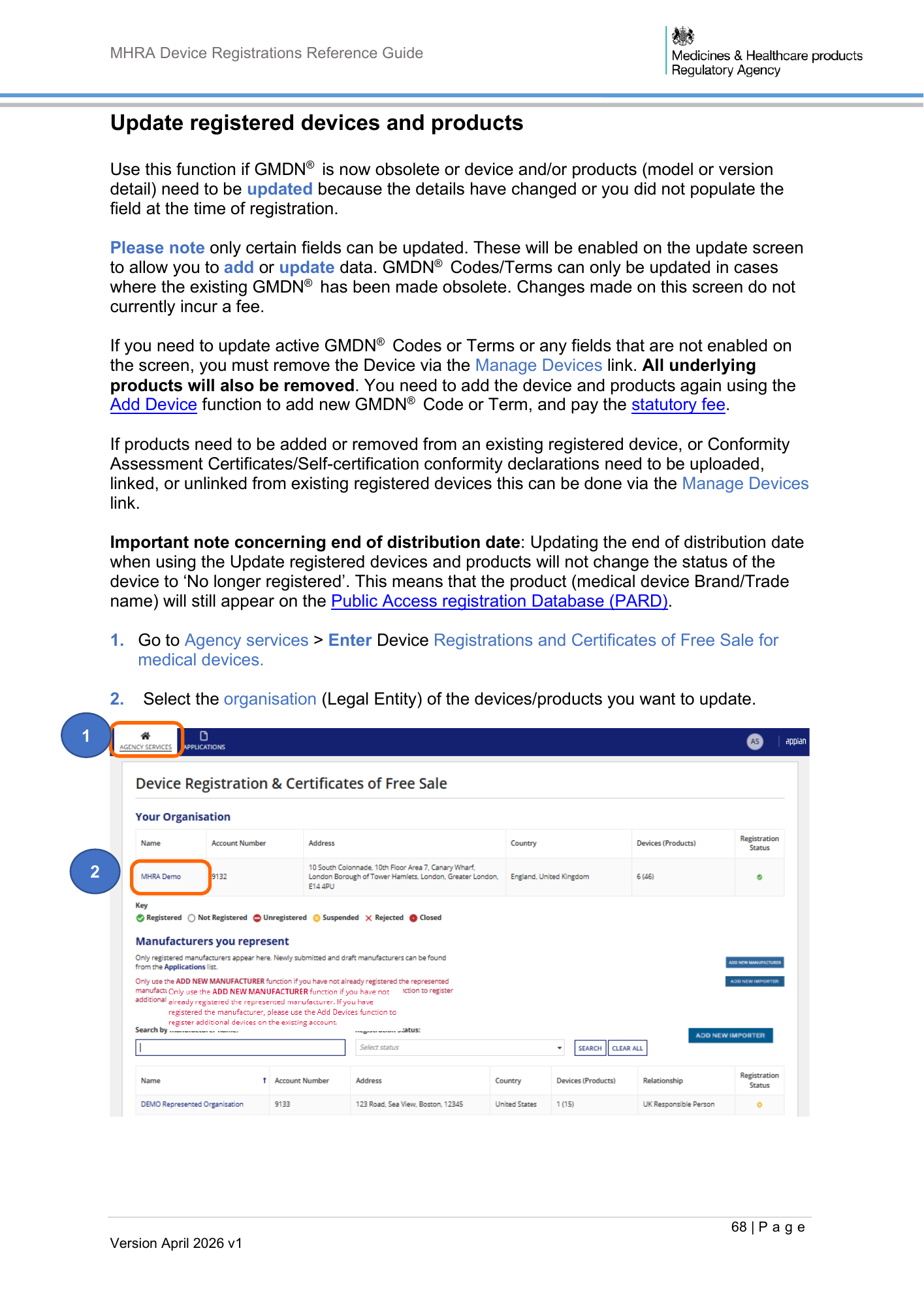 MHRA Device Registration Reference Guide, April 2026 v1 — official PDF page 69