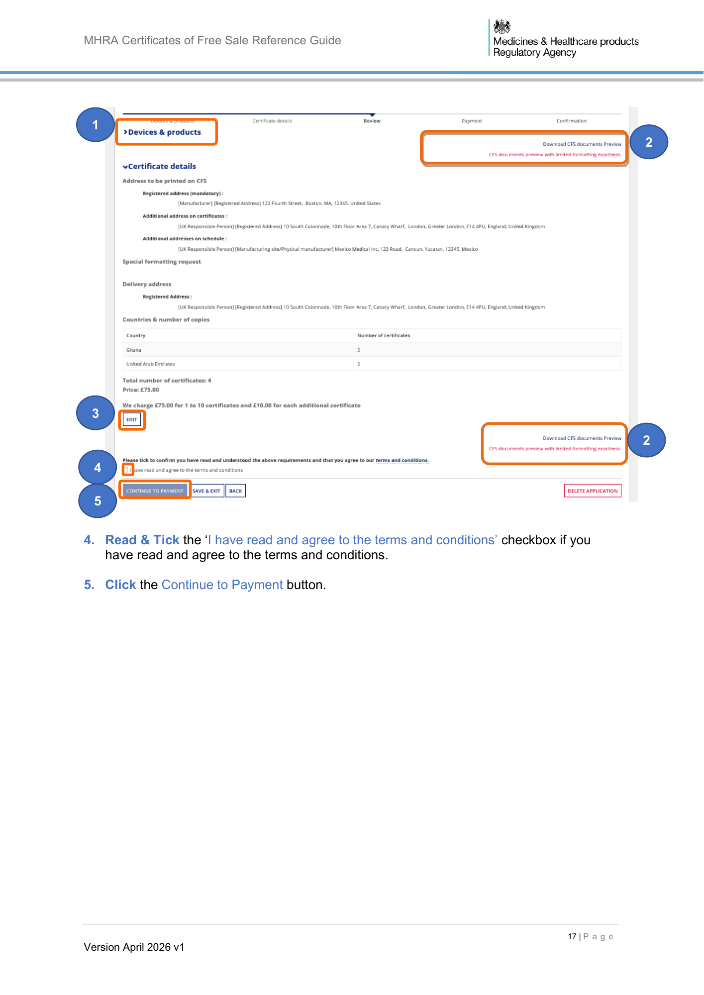MHRA Certificates of Free Sale Reference Guide April 2026 v1 — official PDF page 18
