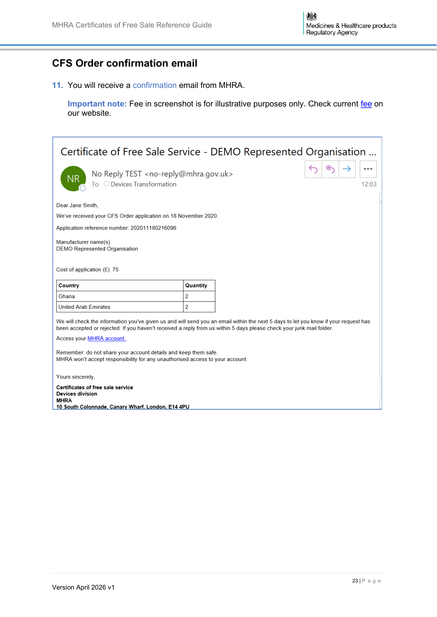 MHRA Certificates of Free Sale Reference Guide April 2026 v1 — official PDF page 24